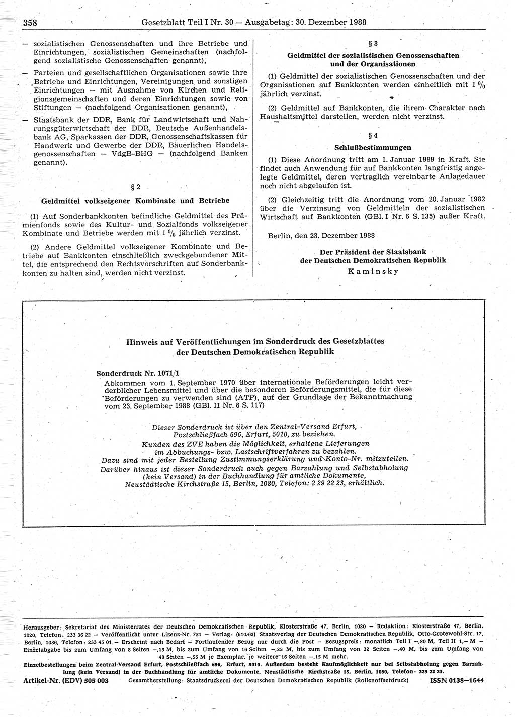 Gesetzblatt (GBl.) der Deutschen Demokratischen Republik (DDR) Teil Ⅰ 1988, Seite 358 (GBl. DDR Ⅰ 1988, S. 358)