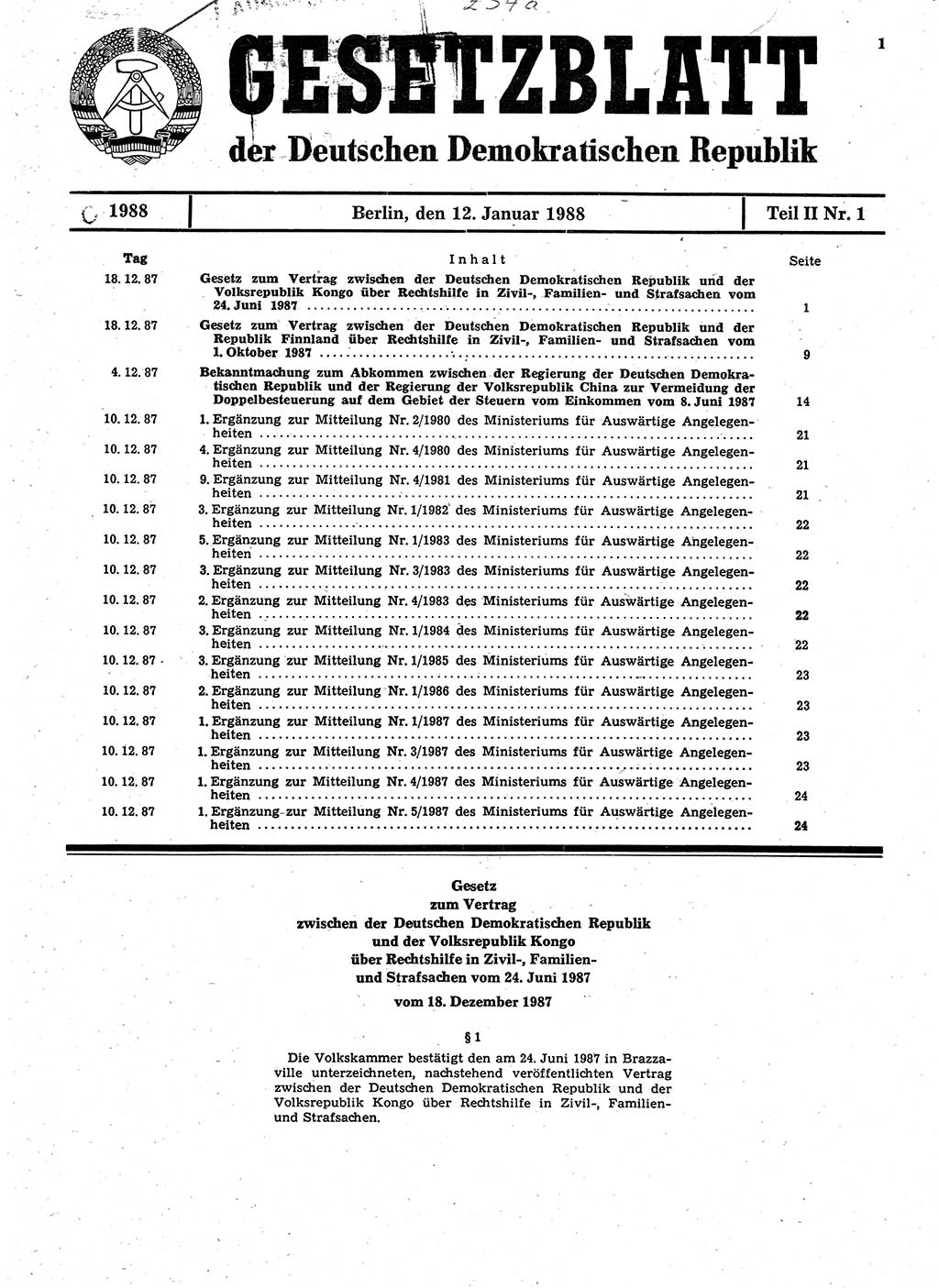 Gesetzblatt (GBl.) der Deutschen Demokratischen Republik (DDR) Teil ⅠⅠ 1988, Seite 1 (GBl. DDR ⅠⅠ 1988, S. 1)