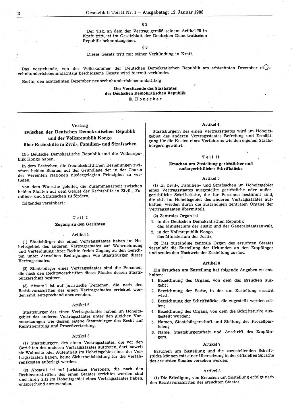 Gesetzblatt (GBl.) der Deutschen Demokratischen Republik (DDR) Teil ⅠⅠ 1988, Seite 2 (GBl. DDR ⅠⅠ 1988, S. 2)