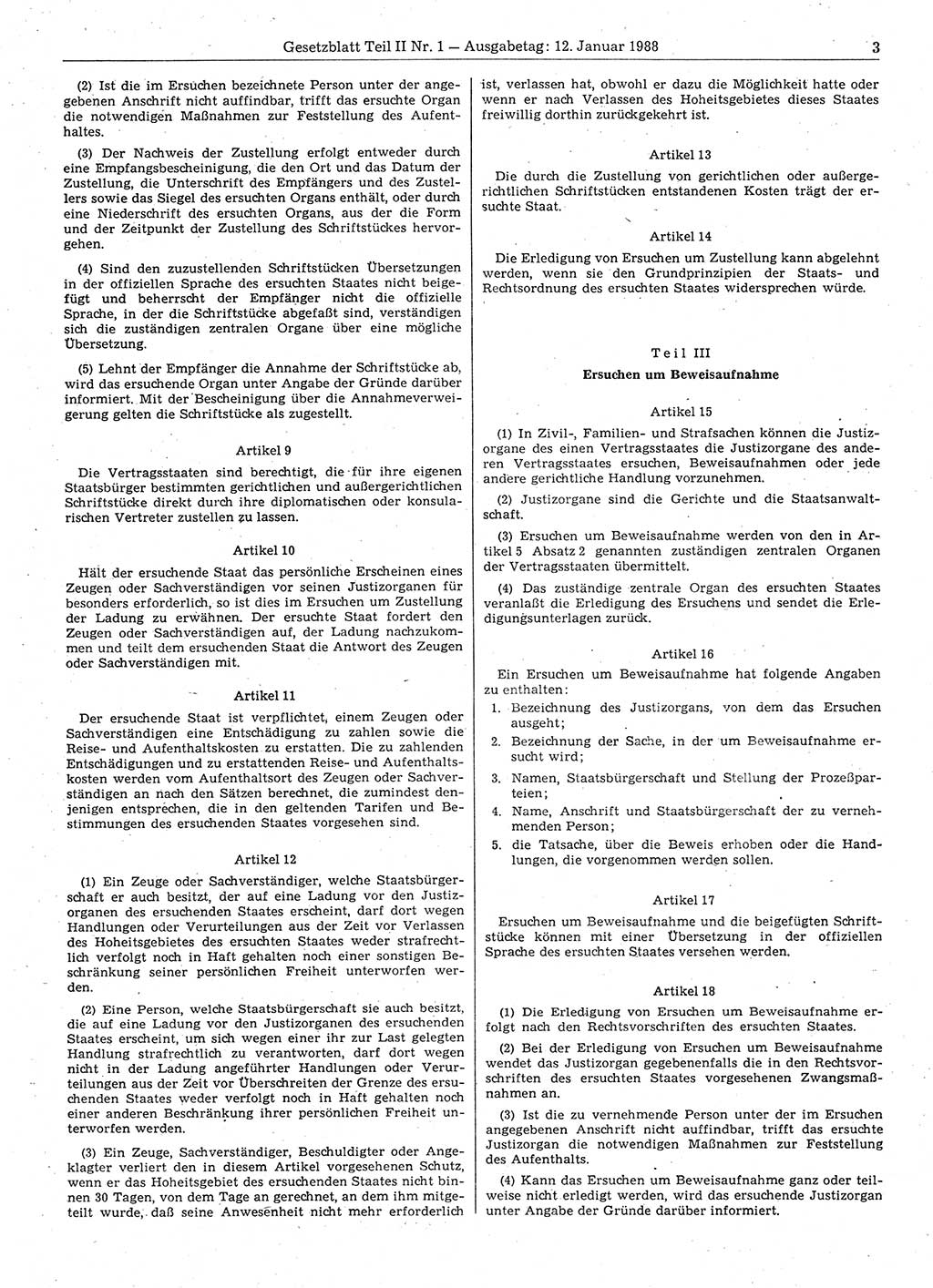 Gesetzblatt (GBl.) der Deutschen Demokratischen Republik (DDR) Teil ⅠⅠ 1988, Seite 3 (GBl. DDR ⅠⅠ 1988, S. 3)