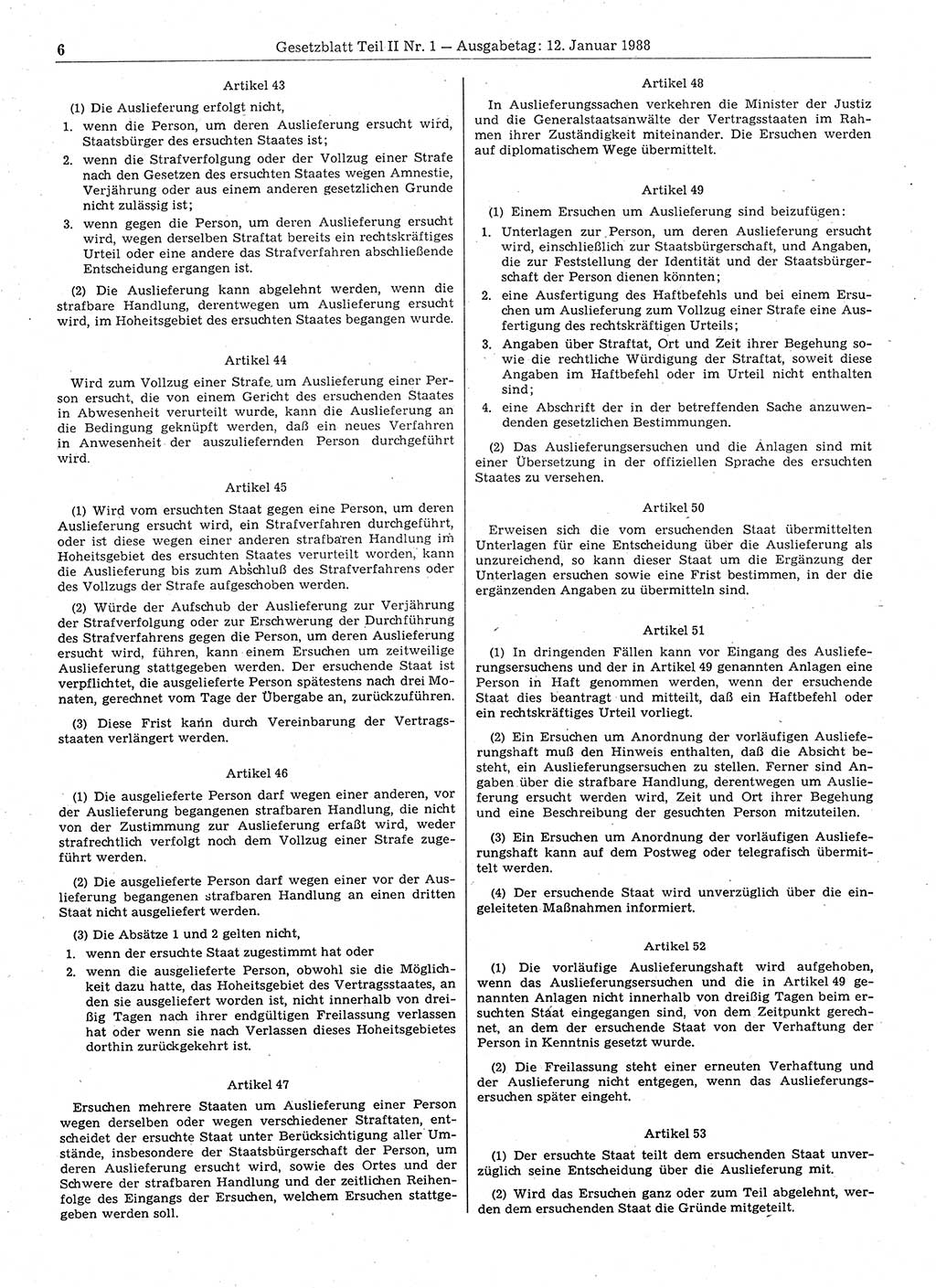 Gesetzblatt (GBl.) der Deutschen Demokratischen Republik (DDR) Teil ⅠⅠ 1988, Seite 6 (GBl. DDR ⅠⅠ 1988, S. 6)