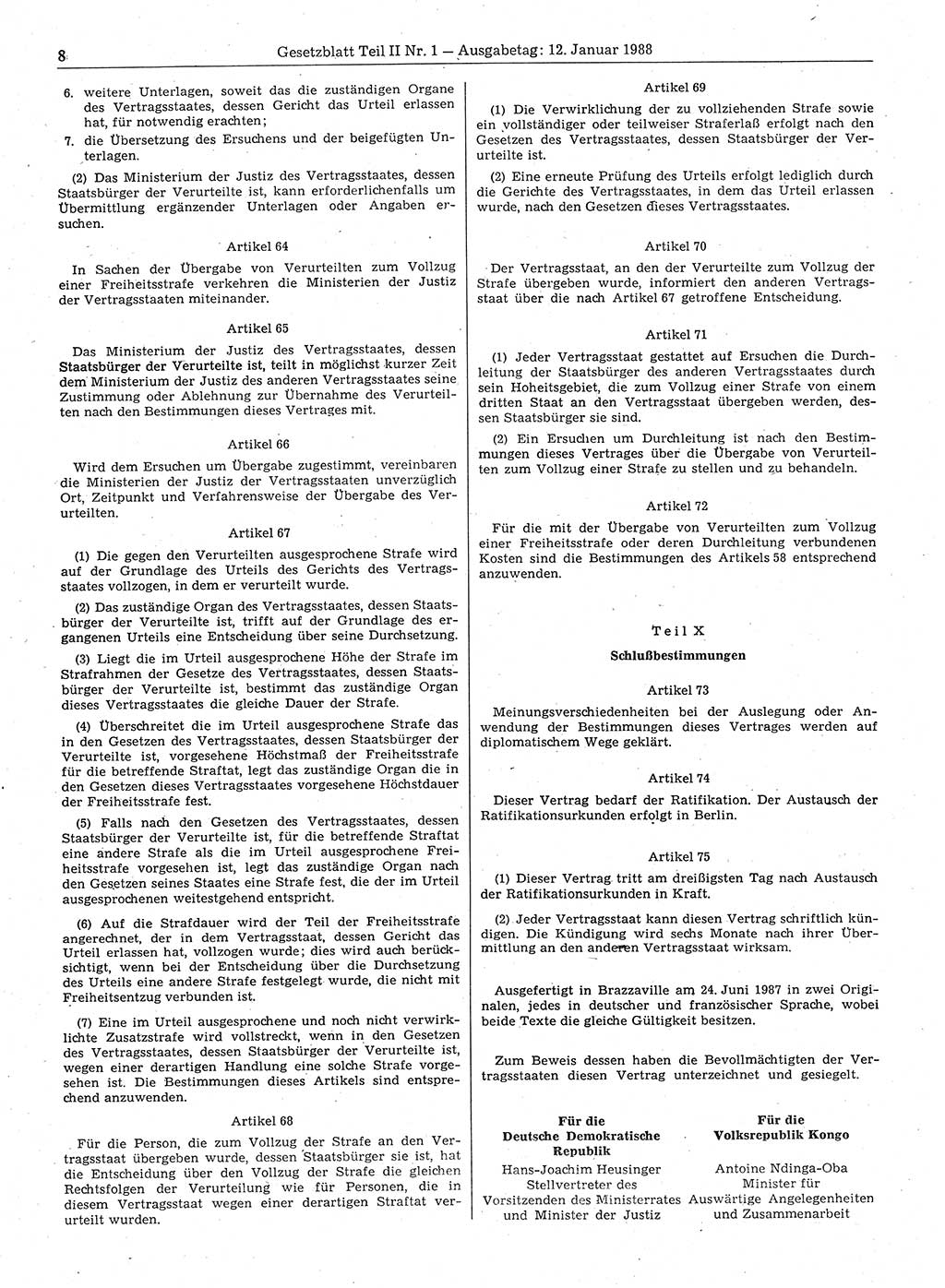 Gesetzblatt (GBl.) der Deutschen Demokratischen Republik (DDR) Teil ⅠⅠ 1988, Seite 8 (GBl. DDR ⅠⅠ 1988, S. 8)