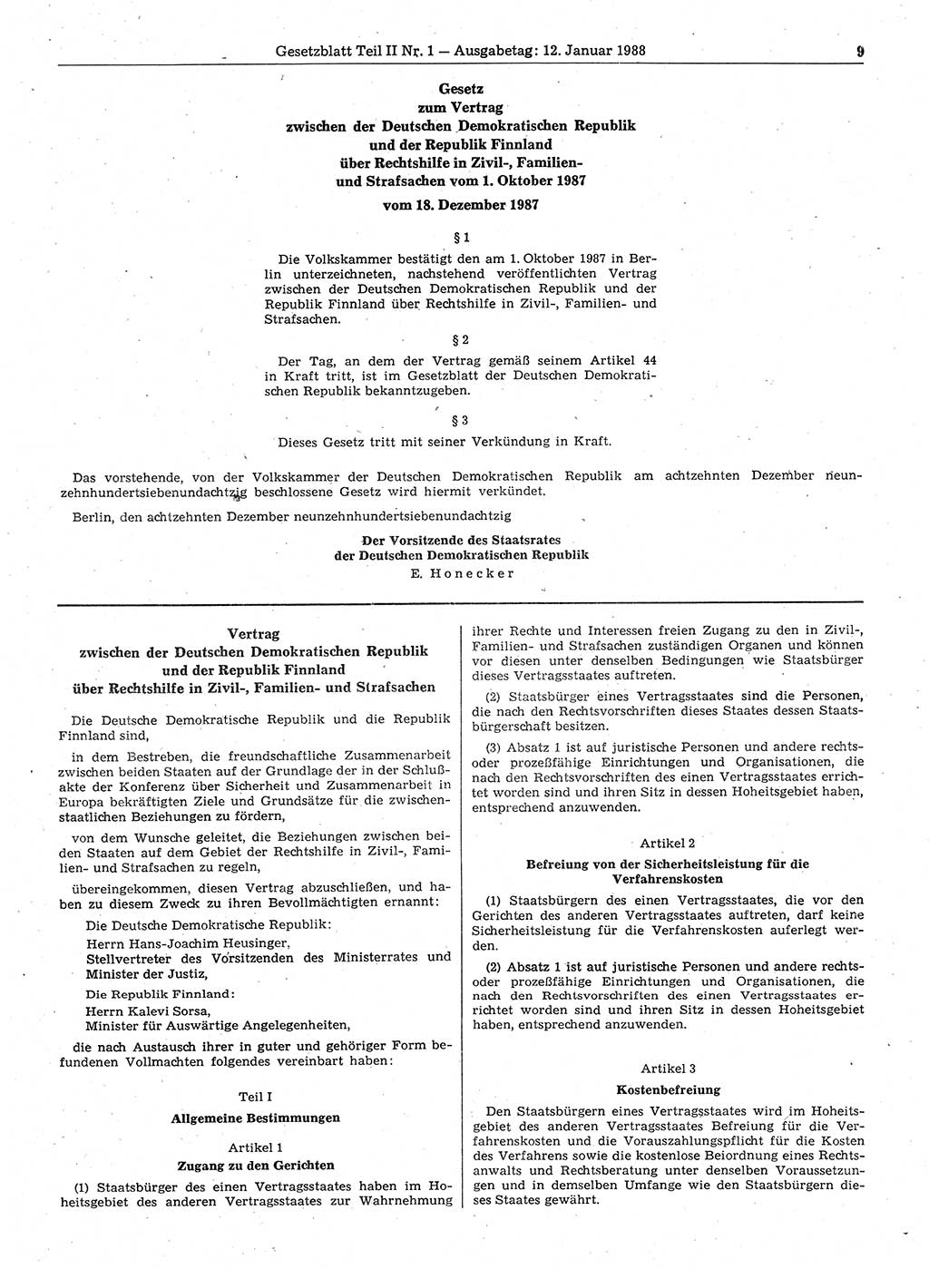 Gesetzblatt (GBl.) der Deutschen Demokratischen Republik (DDR) Teil ⅠⅠ 1988, Seite 9 (GBl. DDR ⅠⅠ 1988, S. 9)