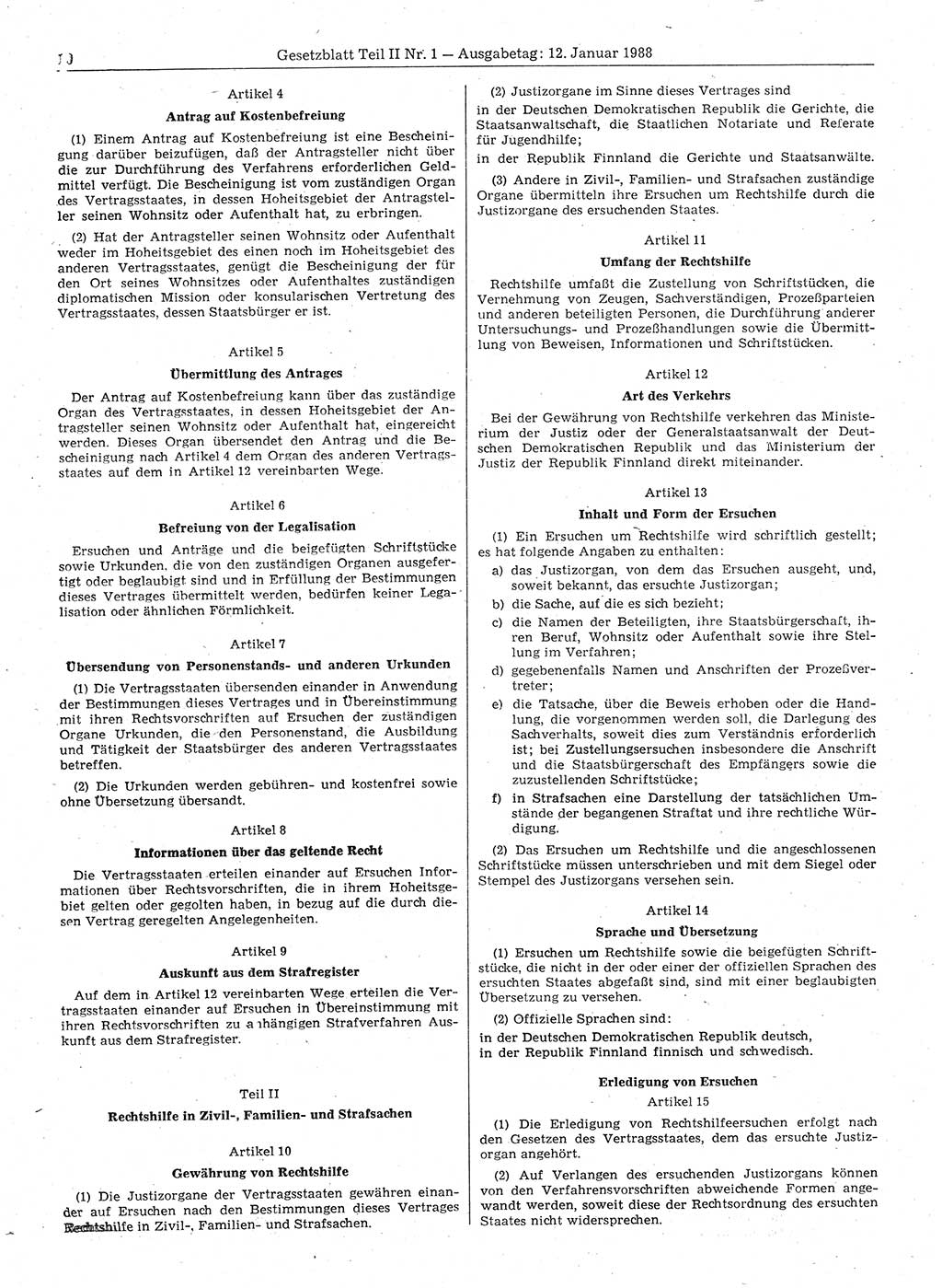 Gesetzblatt (GBl.) der Deutschen Demokratischen Republik (DDR) Teil ⅠⅠ 1988, Seite 10 (GBl. DDR ⅠⅠ 1988, S. 10)