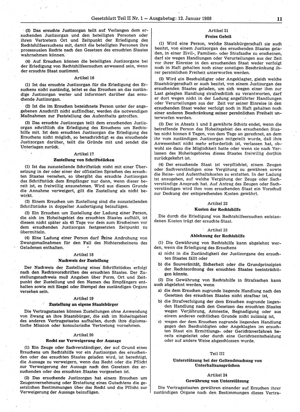 Gesetzblatt (GBl.) der Deutschen Demokratischen Republik (DDR) Teil ⅠⅠ 1988, Seite 11 (GBl. DDR ⅠⅠ 1988, S. 11)