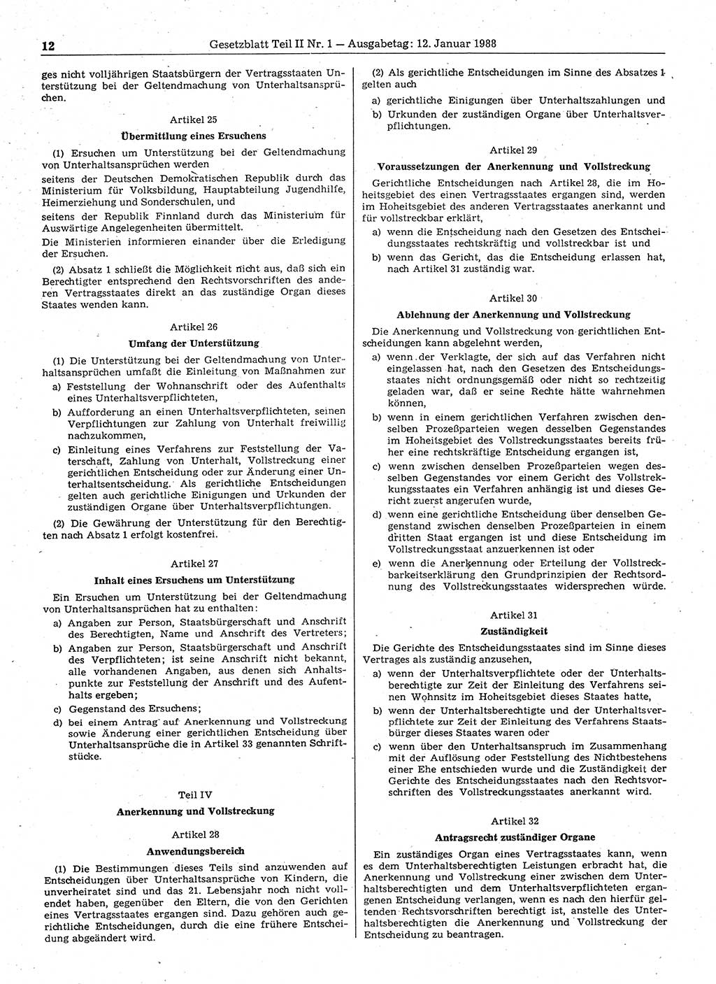 Gesetzblatt (GBl.) der Deutschen Demokratischen Republik (DDR) Teil ⅠⅠ 1988, Seite 12 (GBl. DDR ⅠⅠ 1988, S. 12)
