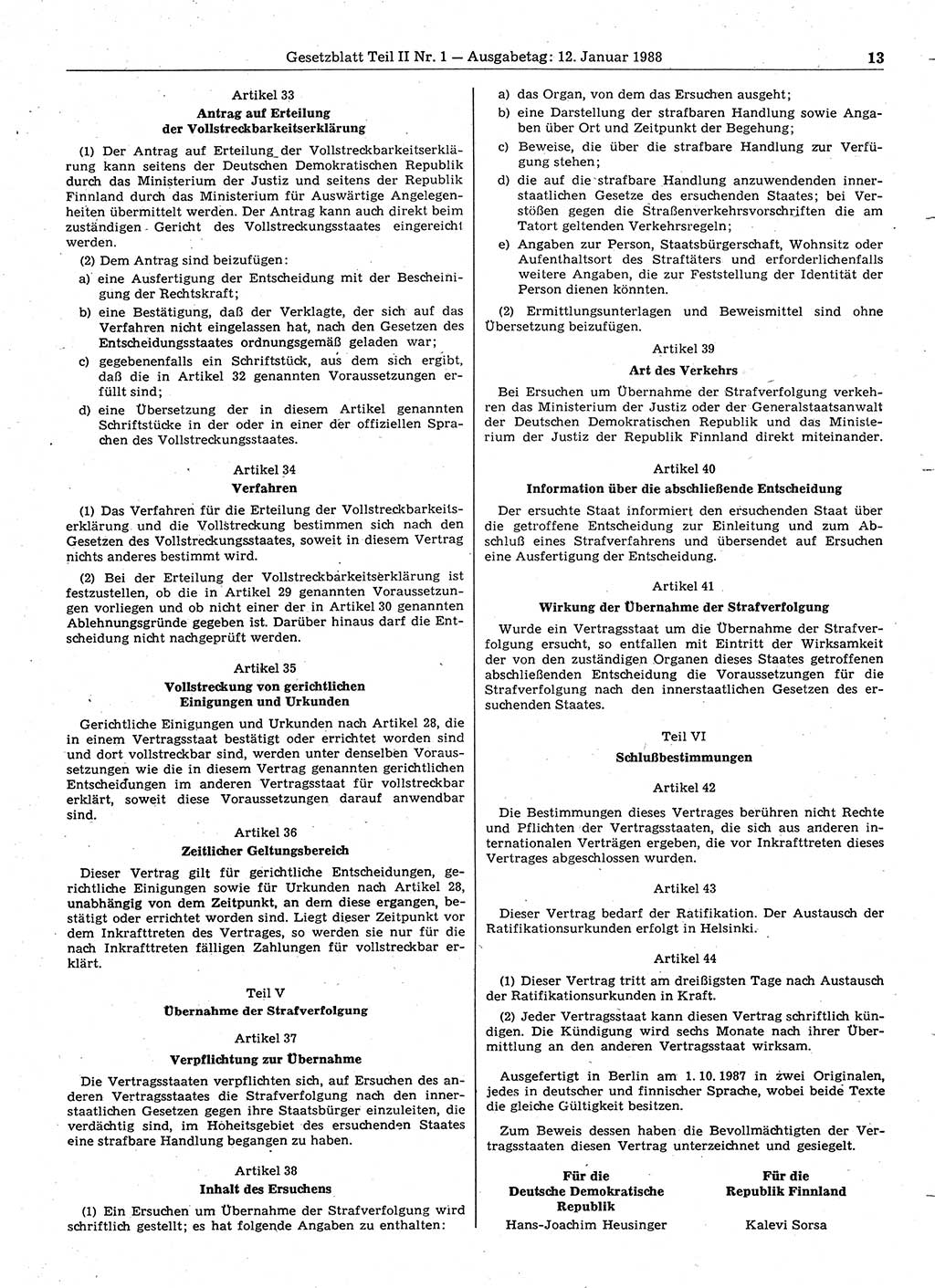 Gesetzblatt (GBl.) der Deutschen Demokratischen Republik (DDR) Teil ⅠⅠ 1988, Seite 13 (GBl. DDR ⅠⅠ 1988, S. 13)