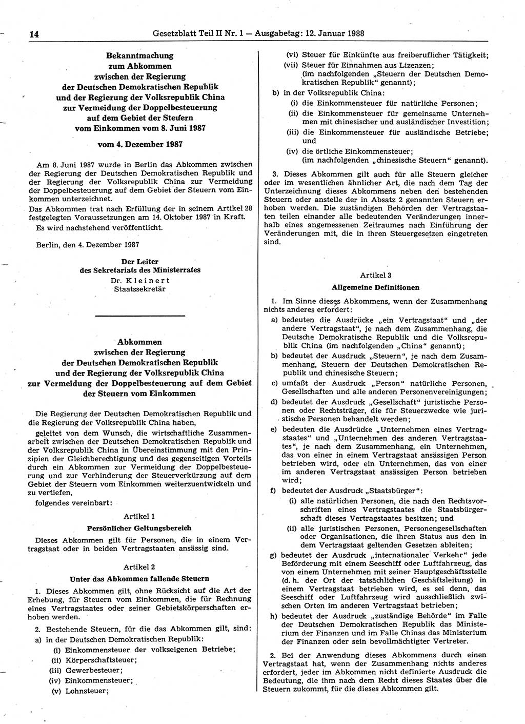 Gesetzblatt (GBl.) der Deutschen Demokratischen Republik (DDR) Teil ⅠⅠ 1988, Seite 14 (GBl. DDR ⅠⅠ 1988, S. 14)