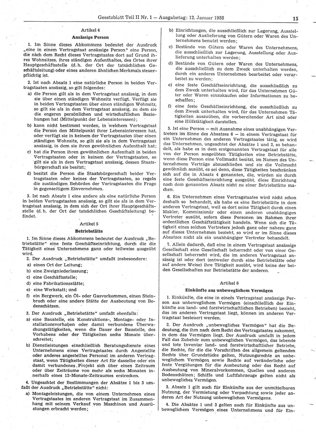 Gesetzblatt (GBl.) der Deutschen Demokratischen Republik (DDR) Teil ⅠⅠ 1988, Seite 15 (GBl. DDR ⅠⅠ 1988, S. 15)