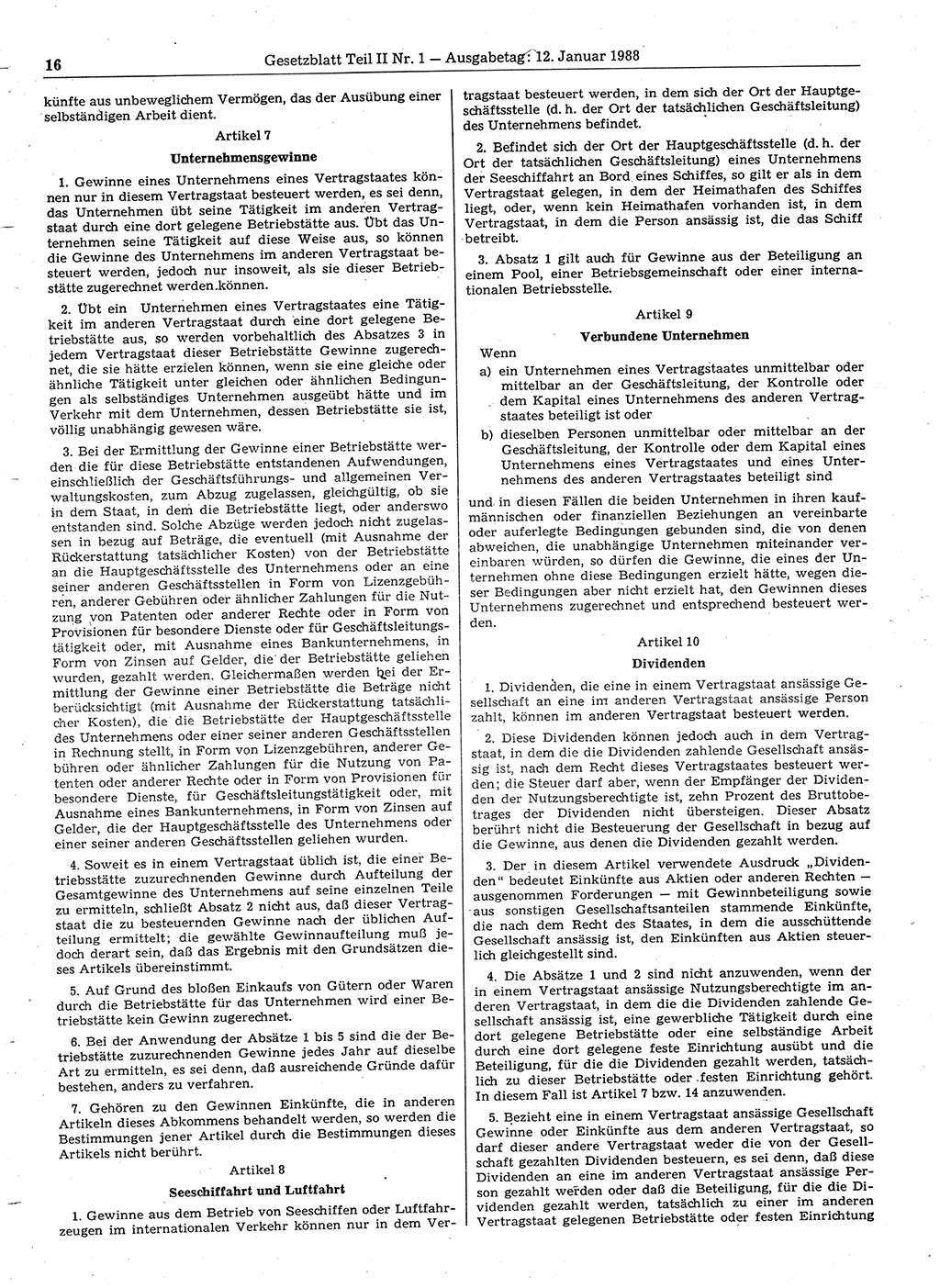 Gesetzblatt (GBl.) der Deutschen Demokratischen Republik (DDR) Teil ⅠⅠ 1988, Seite 16 (GBl. DDR ⅠⅠ 1988, S. 16)