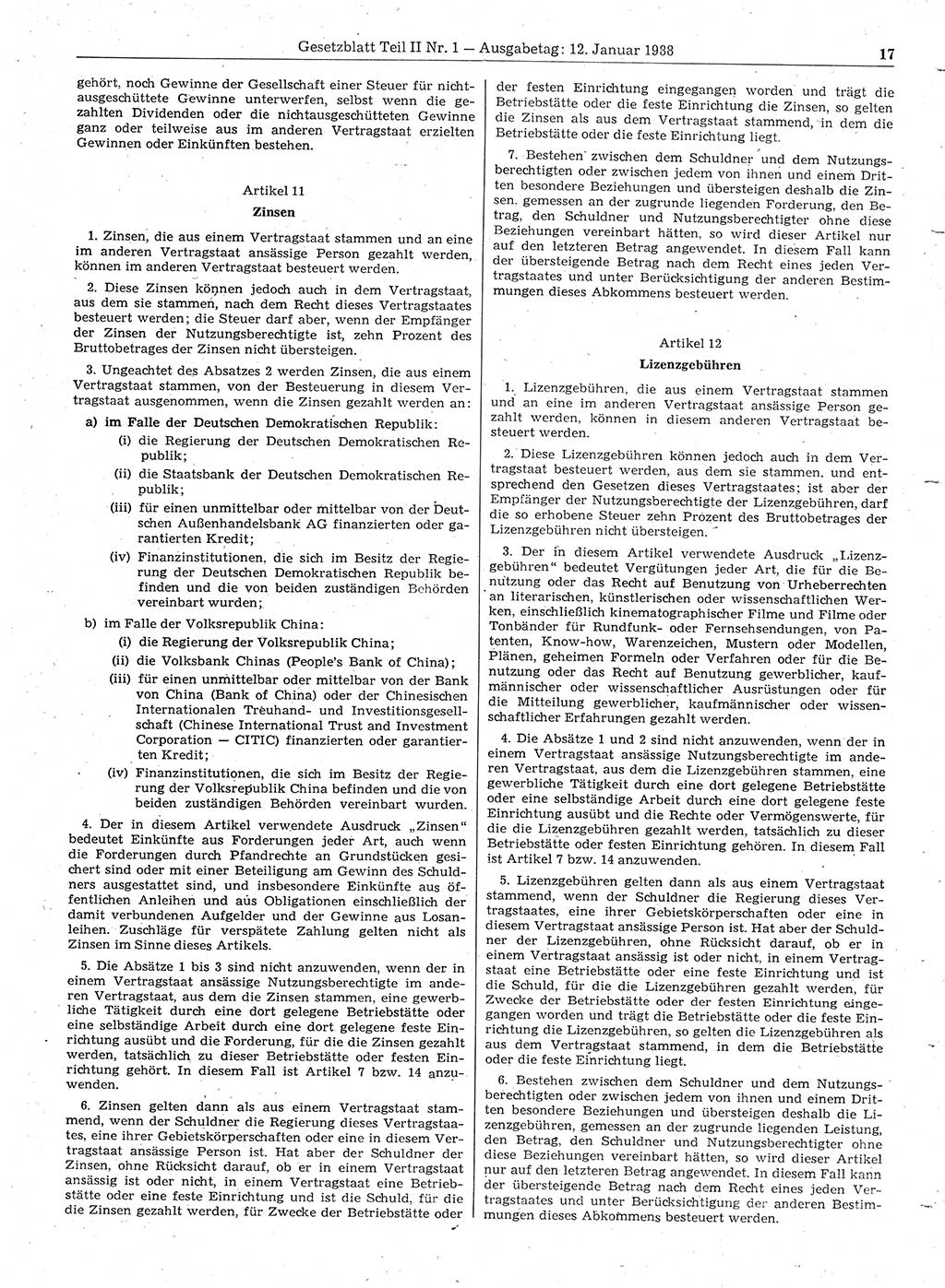 Gesetzblatt (GBl.) der Deutschen Demokratischen Republik (DDR) Teil ⅠⅠ 1988, Seite 17 (GBl. DDR ⅠⅠ 1988, S. 17)