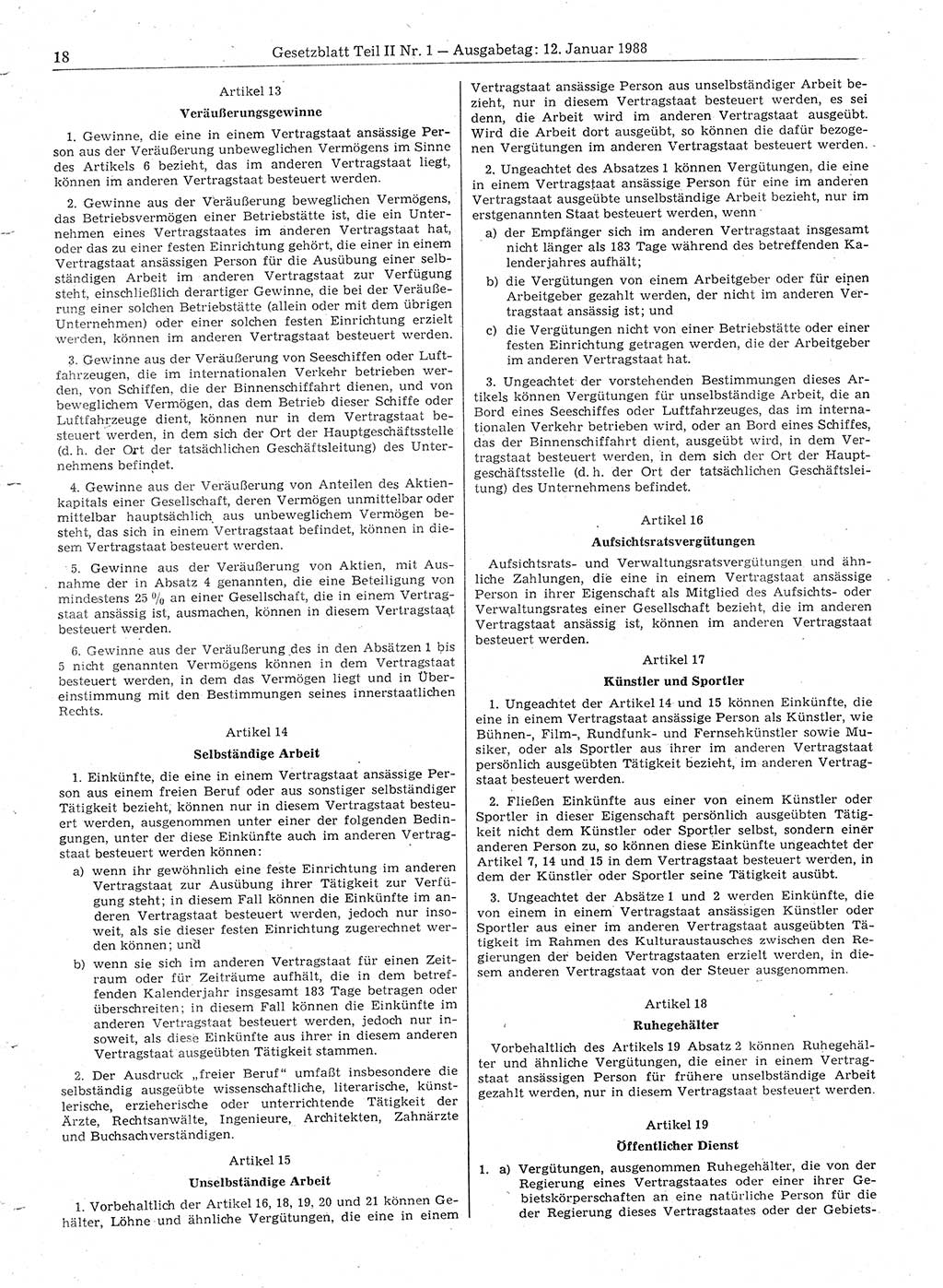 Gesetzblatt (GBl.) der Deutschen Demokratischen Republik (DDR) Teil ⅠⅠ 1988, Seite 18 (GBl. DDR ⅠⅠ 1988, S. 18)