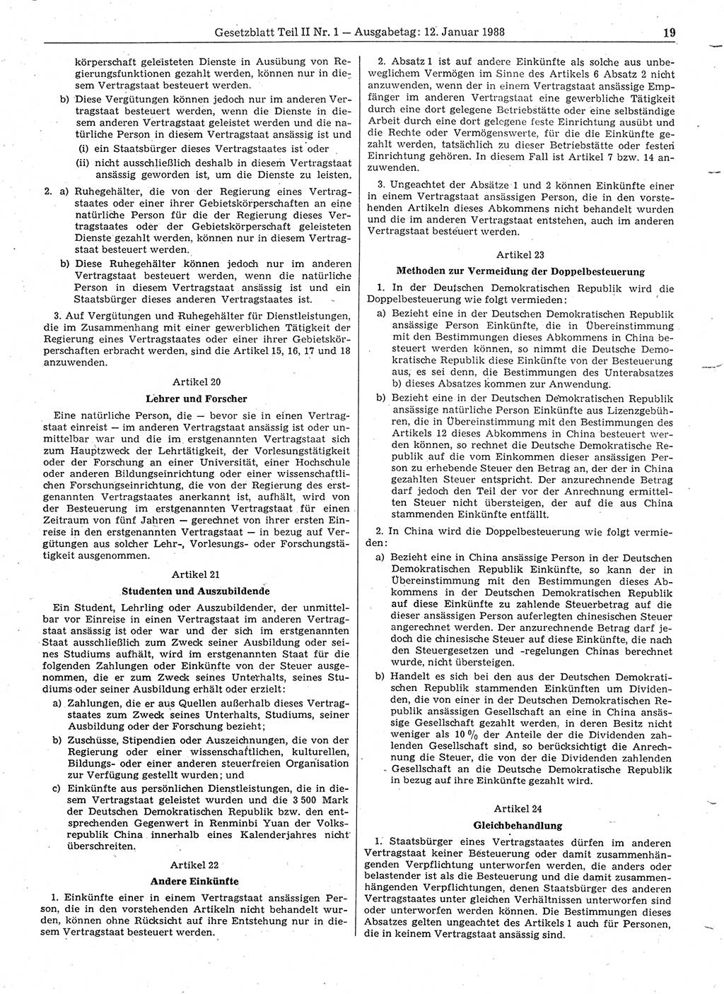 Gesetzblatt (GBl.) der Deutschen Demokratischen Republik (DDR) Teil ⅠⅠ 1988, Seite 19 (GBl. DDR ⅠⅠ 1988, S. 19)
