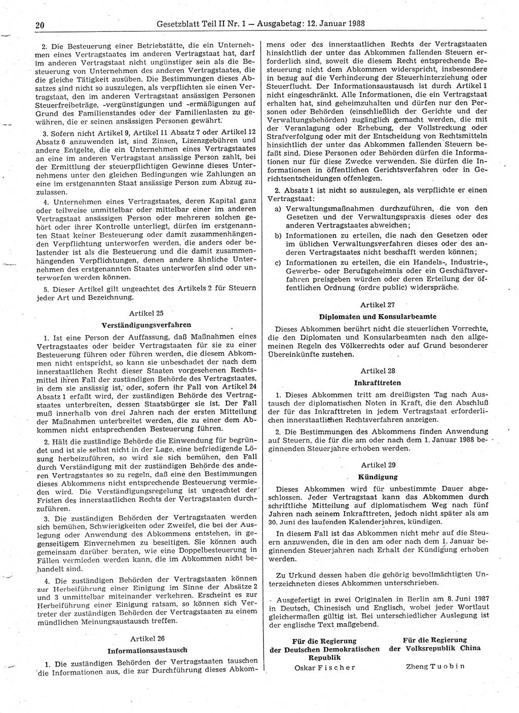Gesetzblatt (GBl.) der Deutschen Demokratischen Republik (DDR) Teil ⅠⅠ 1988, Seite 20 (GBl. DDR ⅠⅠ 1988, S. 20)