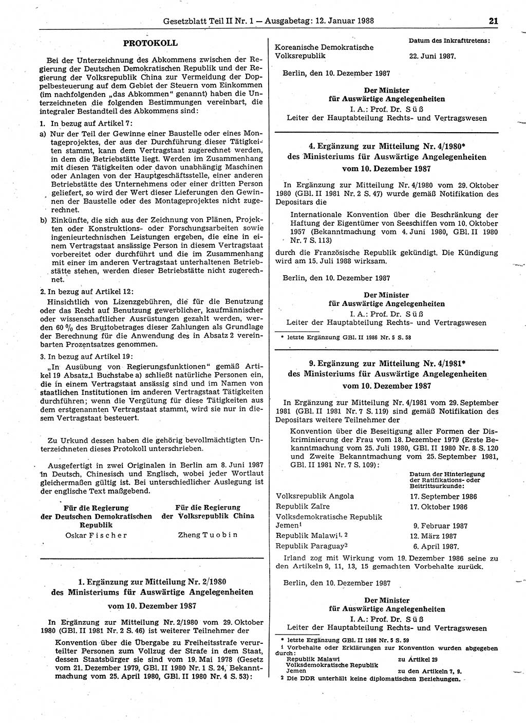 Gesetzblatt (GBl.) der Deutschen Demokratischen Republik (DDR) Teil ⅠⅠ 1988, Seite 21 (GBl. DDR ⅠⅠ 1988, S. 21)