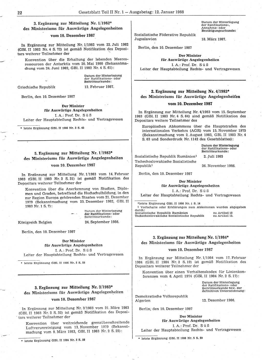 Gesetzblatt (GBl.) der Deutschen Demokratischen Republik (DDR) Teil ⅠⅠ 1988, Seite 22 (GBl. DDR ⅠⅠ 1988, S. 22)