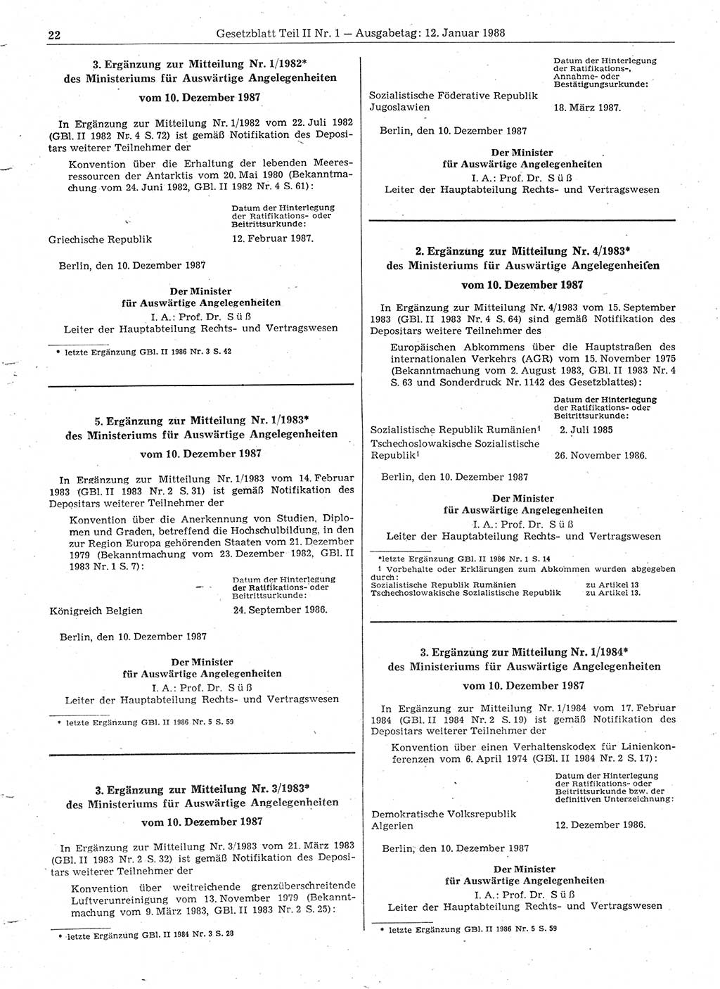 Gesetzblatt (GBl.) der Deutschen Demokratischen Republik (DDR) Teil ⅠⅠ 1988, Seite 22 (GBl. DDR ⅠⅠ 1988, S. 22)