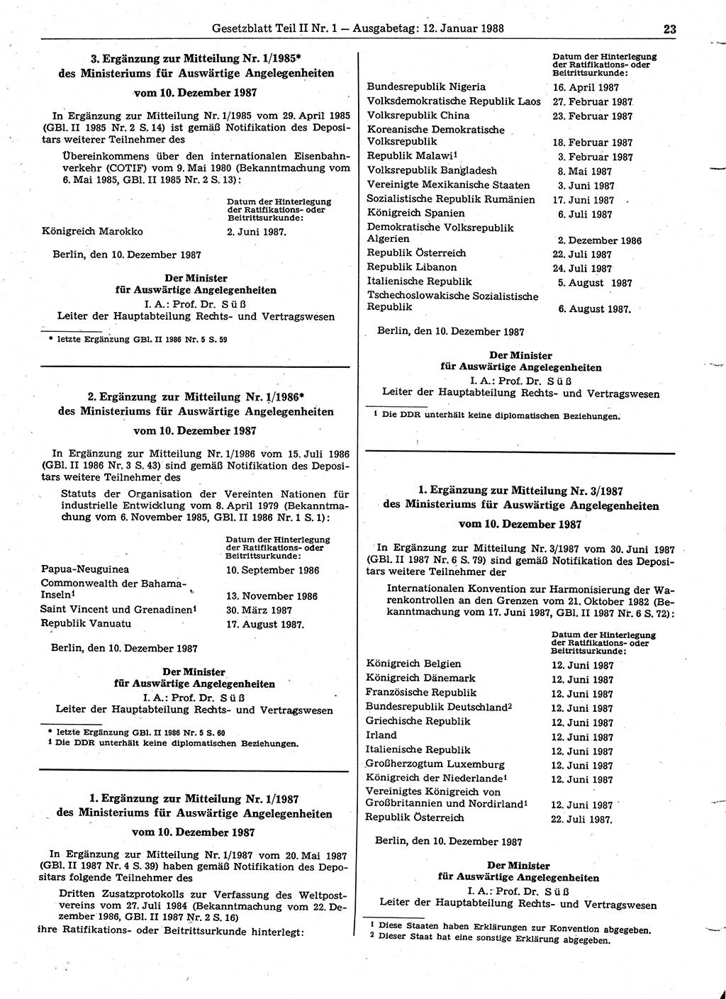 Gesetzblatt (GBl.) der Deutschen Demokratischen Republik (DDR) Teil ⅠⅠ 1988, Seite 23 (GBl. DDR ⅠⅠ 1988, S. 23)