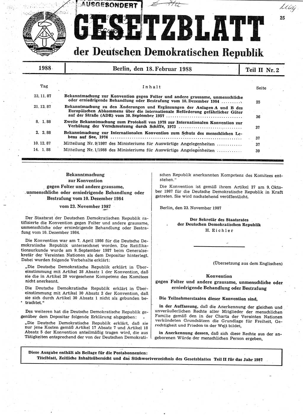 Gesetzblatt (GBl.) der Deutschen Demokratischen Republik (DDR) Teil ⅠⅠ 1988, Seite 25 (GBl. DDR ⅠⅠ 1988, S. 25)