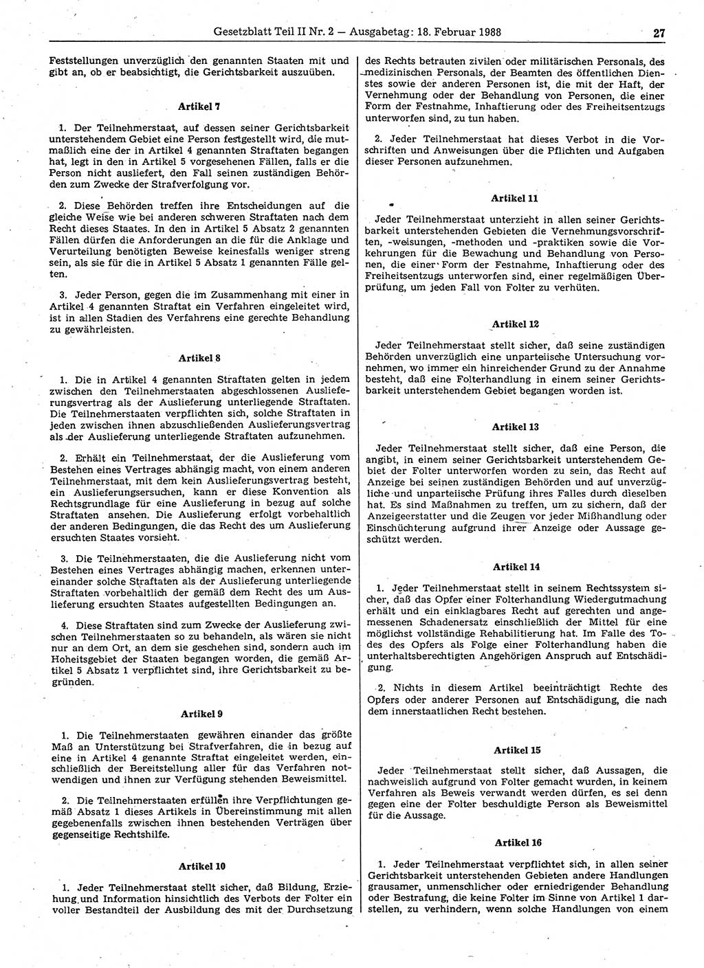 Gesetzblatt (GBl.) der Deutschen Demokratischen Republik (DDR) Teil ⅠⅠ 1988, Seite 27 (GBl. DDR ⅠⅠ 1988, S. 27)
