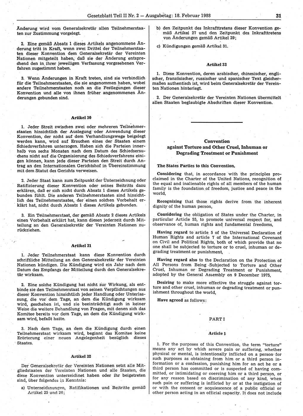 Gesetzblatt (GBl.) der Deutschen Demokratischen Republik (DDR) Teil ⅠⅠ 1988, Seite 31 (GBl. DDR ⅠⅠ 1988, S. 31)