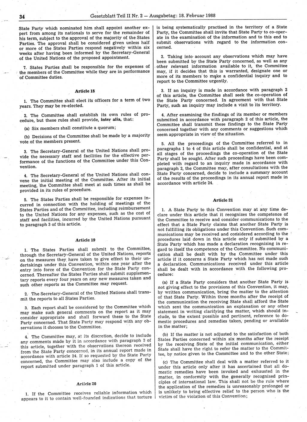Gesetzblatt (GBl.) der Deutschen Demokratischen Republik (DDR) Teil ⅠⅠ 1988, Seite 34 (GBl. DDR ⅠⅠ 1988, S. 34)