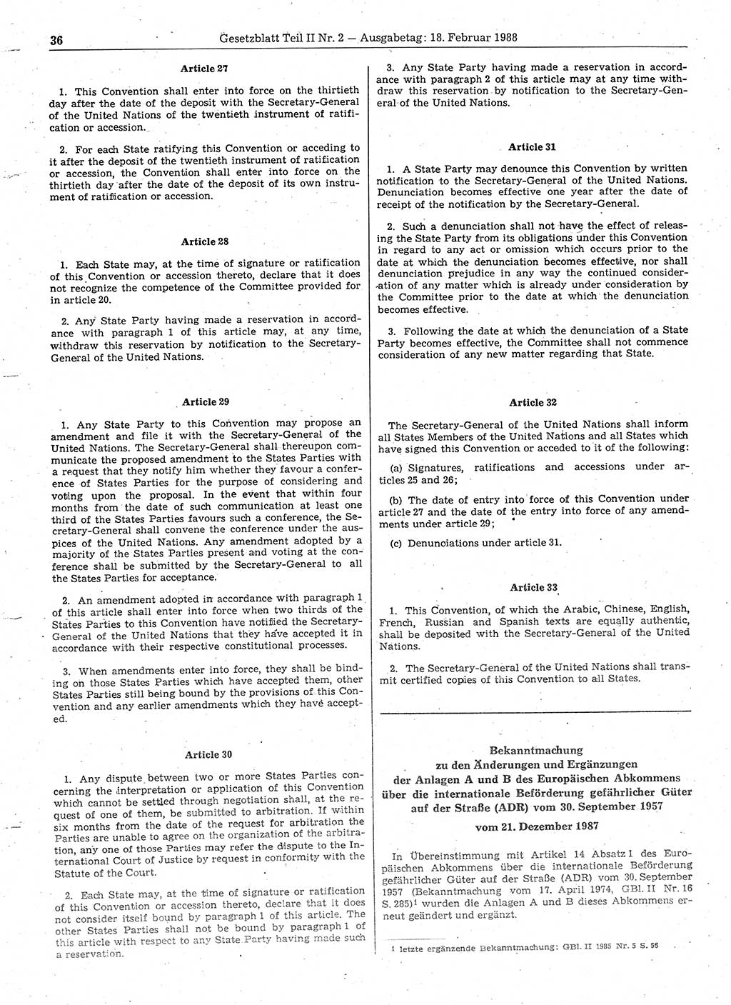 Gesetzblatt (GBl.) der Deutschen Demokratischen Republik (DDR) Teil ⅠⅠ 1988, Seite 36 (GBl. DDR ⅠⅠ 1988, S. 36)