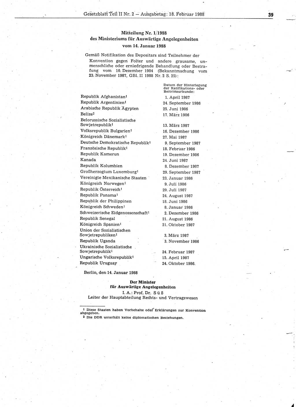 Gesetzblatt (GBl.) der Deutschen Demokratischen Republik (DDR) Teil ⅠⅠ 1988, Seite 39 (GBl. DDR ⅠⅠ 1988, S. 39)