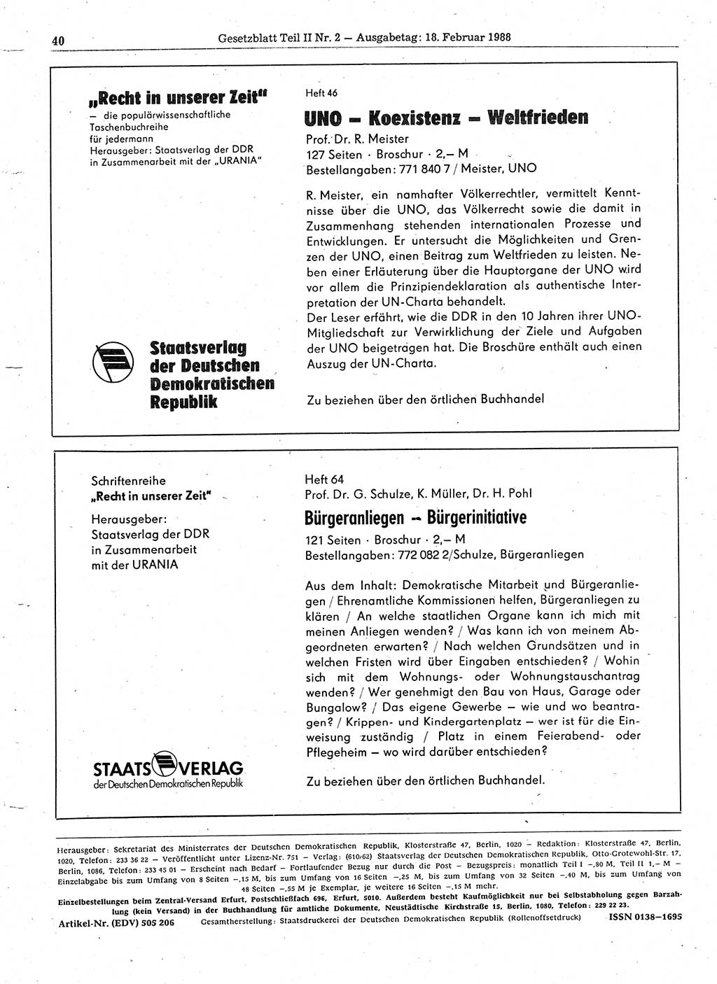 Gesetzblatt (GBl.) der Deutschen Demokratischen Republik (DDR) Teil ⅠⅠ 1988, Seite 40 (GBl. DDR ⅠⅠ 1988, S. 40)