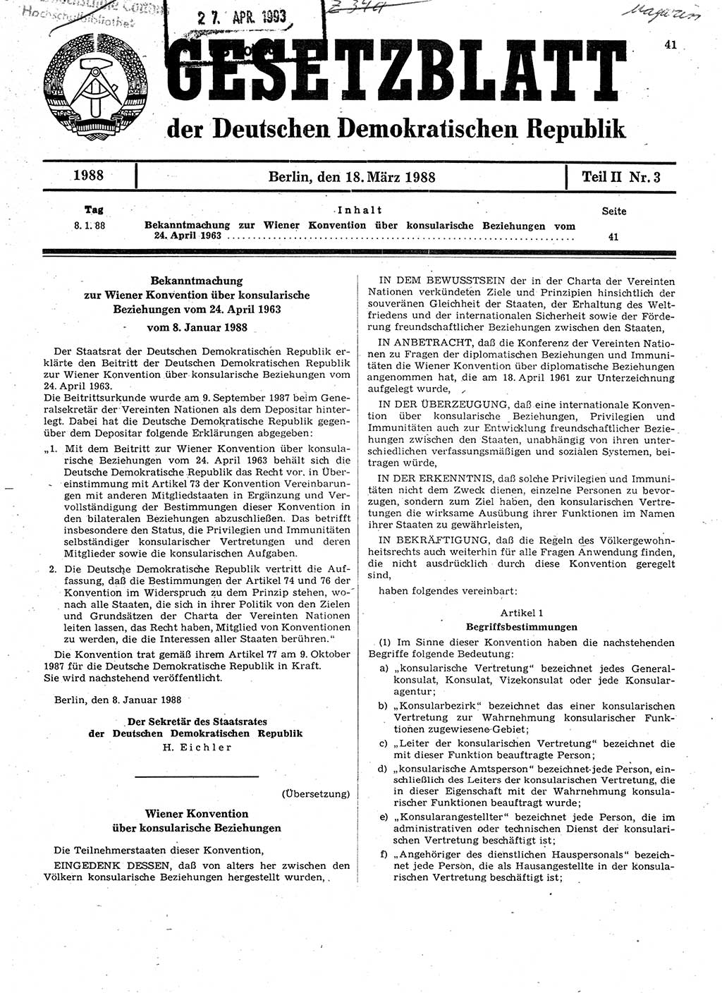 Gesetzblatt (GBl.) der Deutschen Demokratischen Republik (DDR) Teil ⅠⅠ 1988, Seite 41 (GBl. DDR ⅠⅠ 1988, S. 41)