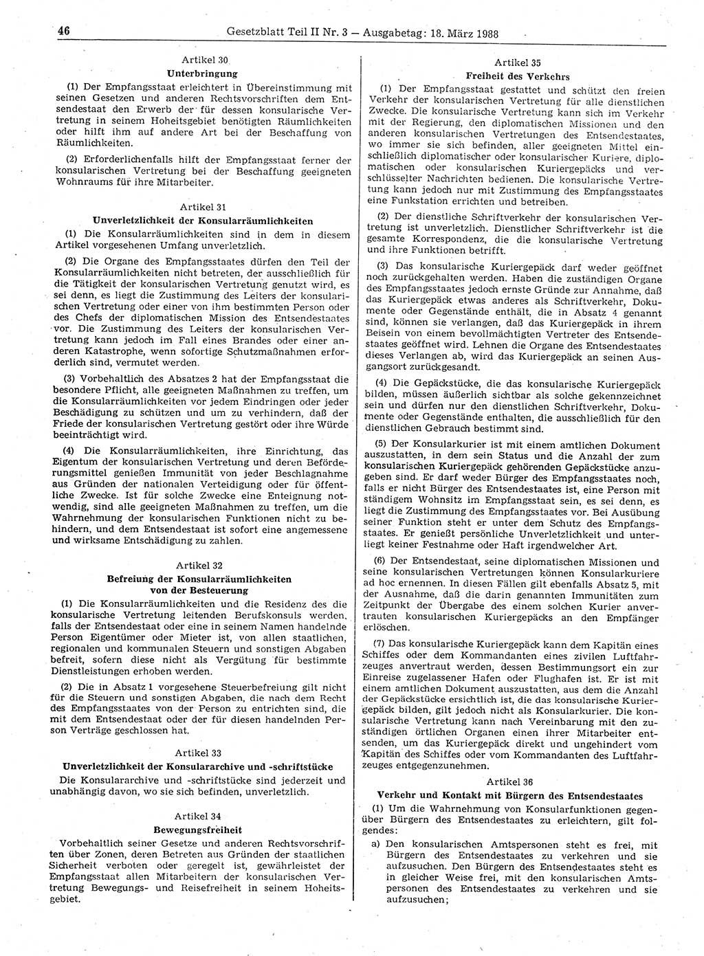 Gesetzblatt (GBl.) der Deutschen Demokratischen Republik (DDR) Teil ⅠⅠ 1988, Seite 46 (GBl. DDR ⅠⅠ 1988, S. 46)