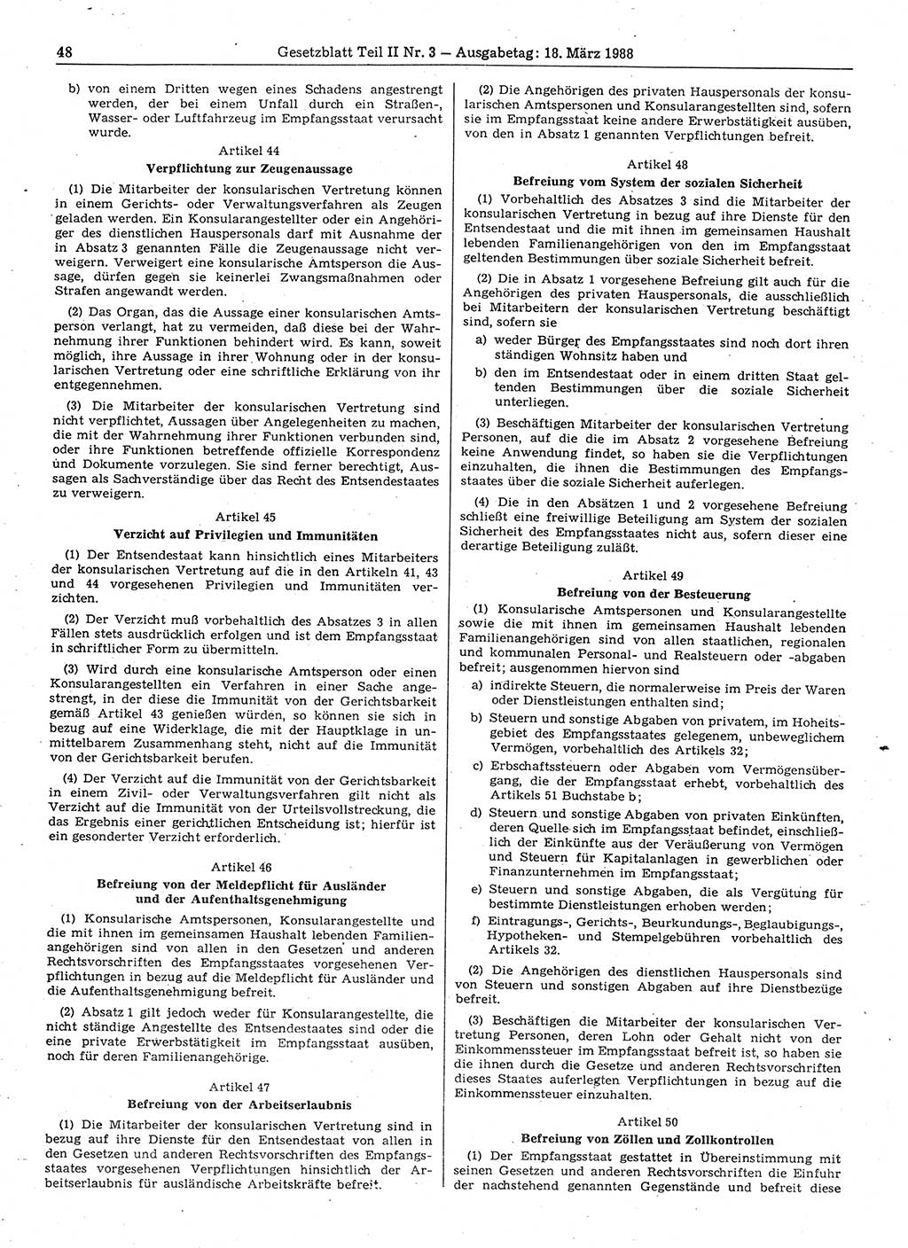Gesetzblatt (GBl.) der Deutschen Demokratischen Republik (DDR) Teil ⅠⅠ 1988, Seite 48 (GBl. DDR ⅠⅠ 1988, S. 48)