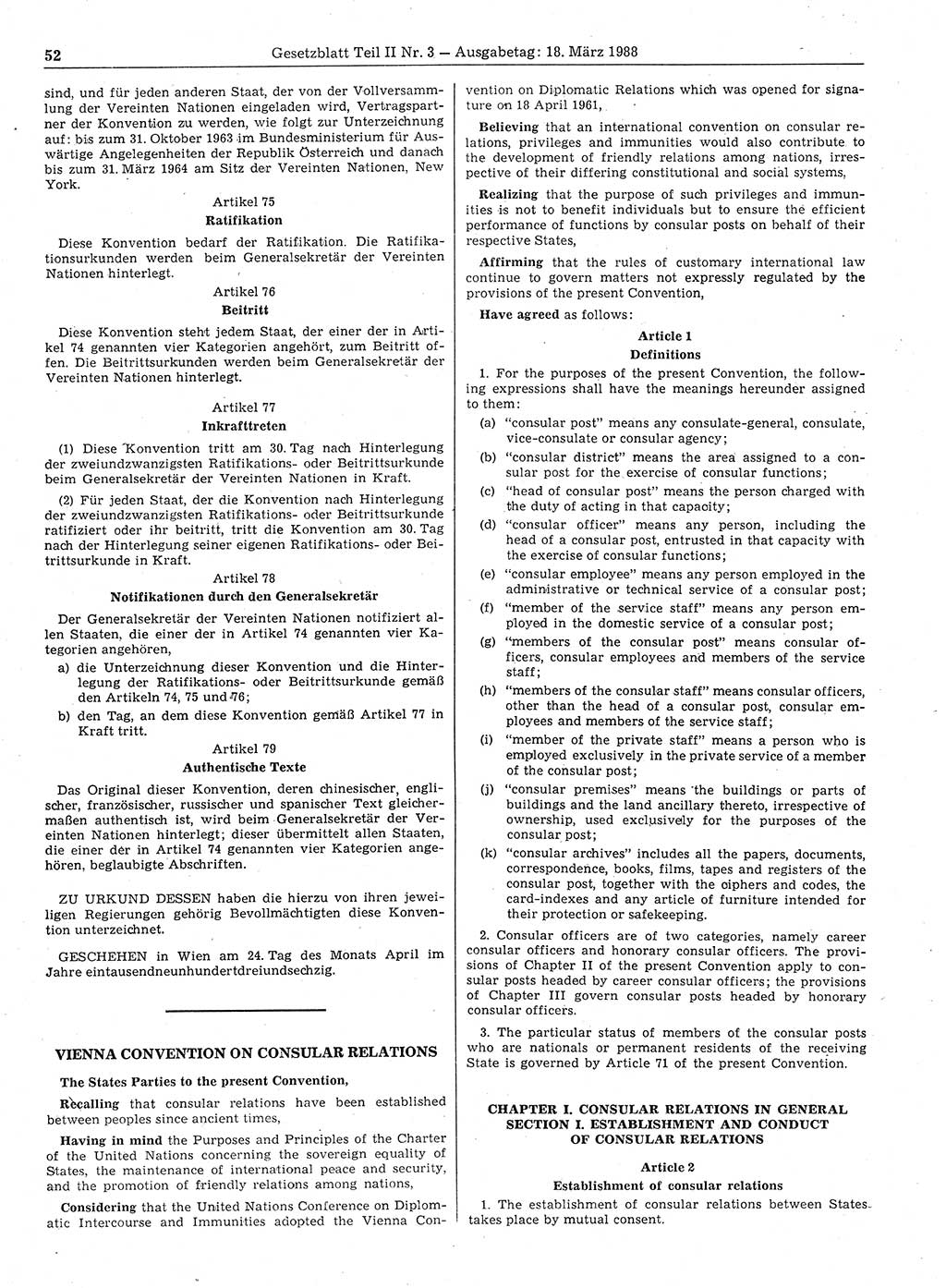 Gesetzblatt (GBl.) der Deutschen Demokratischen Republik (DDR) Teil ⅠⅠ 1988, Seite 52 (GBl. DDR ⅠⅠ 1988, S. 52)