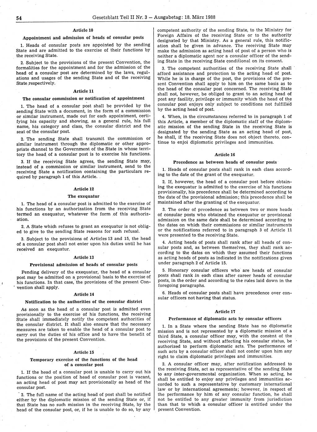 Gesetzblatt (GBl.) der Deutschen Demokratischen Republik (DDR) Teil ⅠⅠ 1988, Seite 54 (GBl. DDR ⅠⅠ 1988, S. 54)