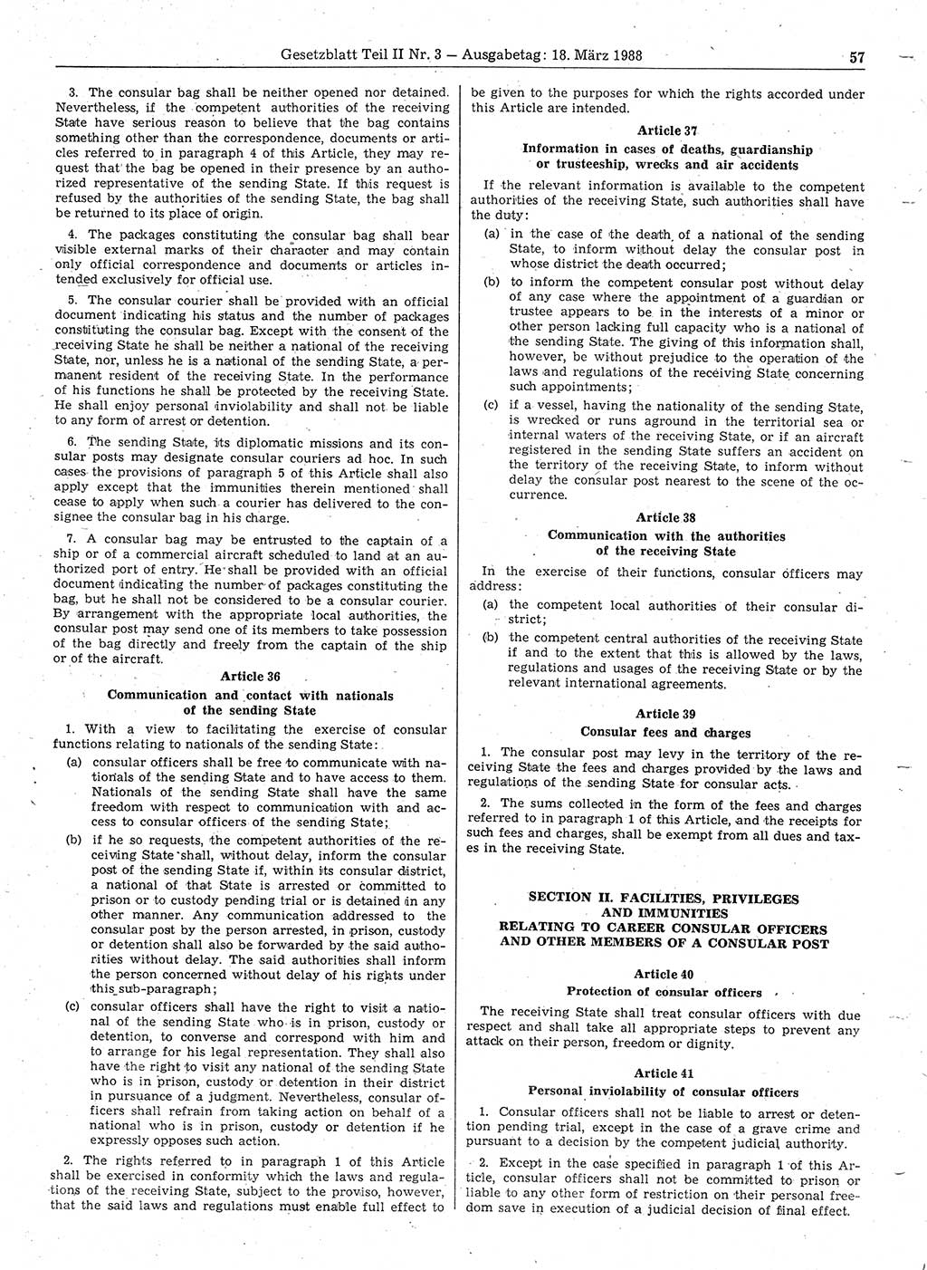 Gesetzblatt (GBl.) der Deutschen Demokratischen Republik (DDR) Teil ⅠⅠ 1988, Seite 57 (GBl. DDR ⅠⅠ 1988, S. 57)