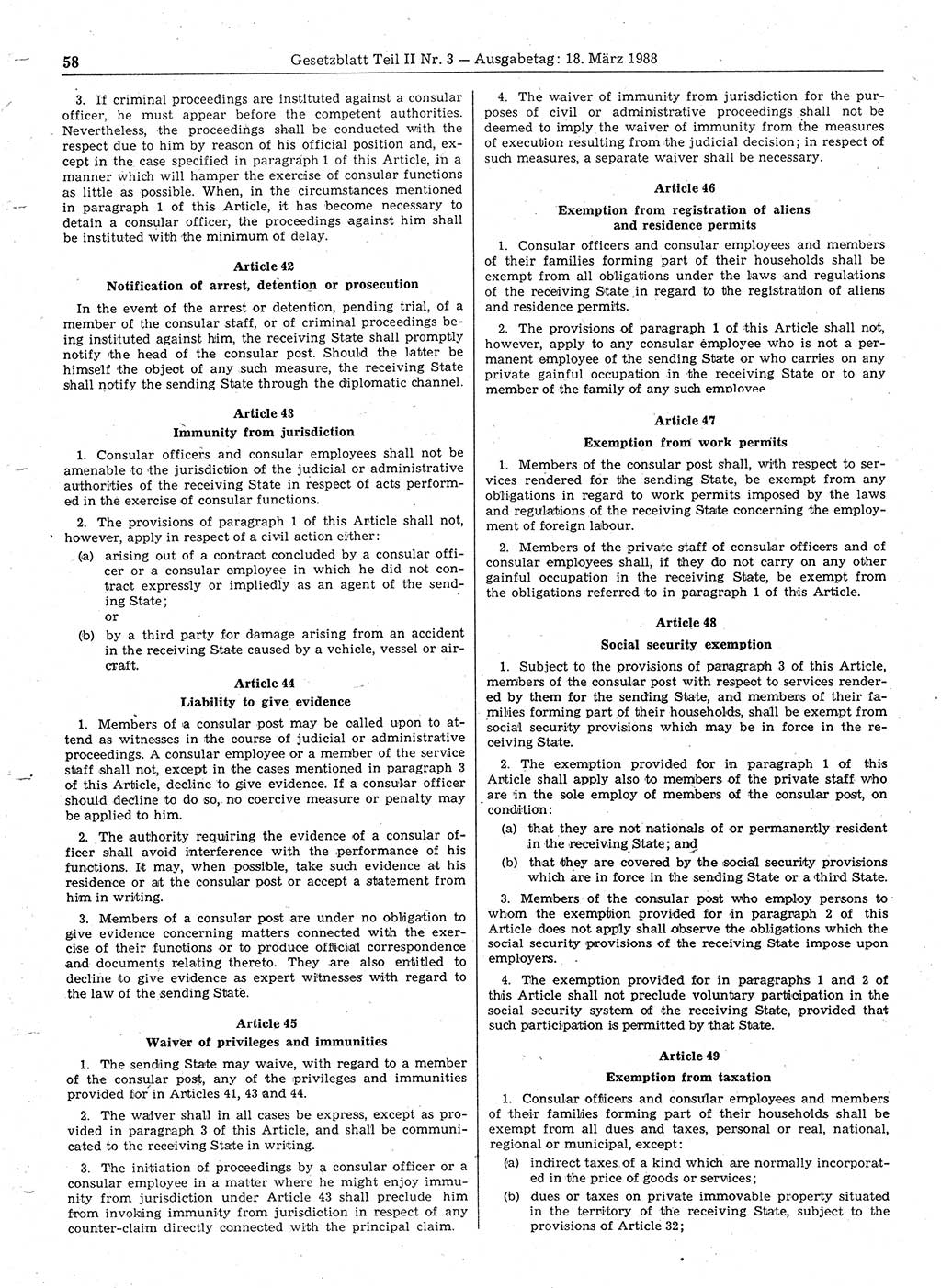 Gesetzblatt (GBl.) der Deutschen Demokratischen Republik (DDR) Teil ⅠⅠ 1988, Seite 58 (GBl. DDR ⅠⅠ 1988, S. 58)