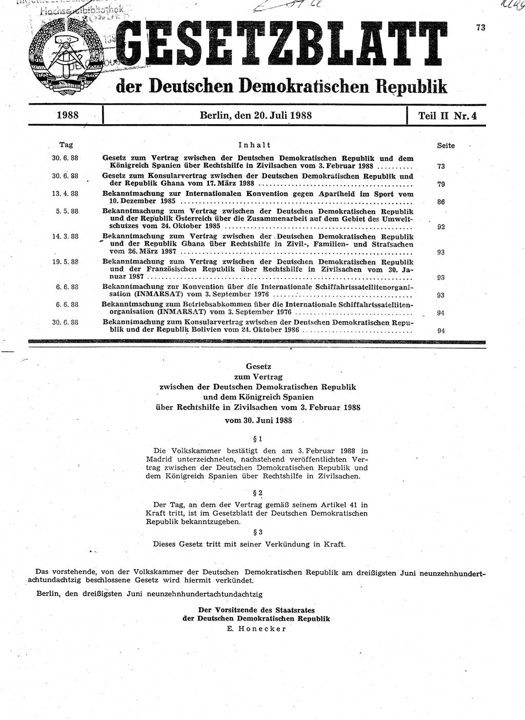 Gesetzblatt (GBl.) der Deutschen Demokratischen Republik (DDR) Teil ⅠⅠ 1988, Seite 73 (GBl. DDR ⅠⅠ 1988, S. 73)
