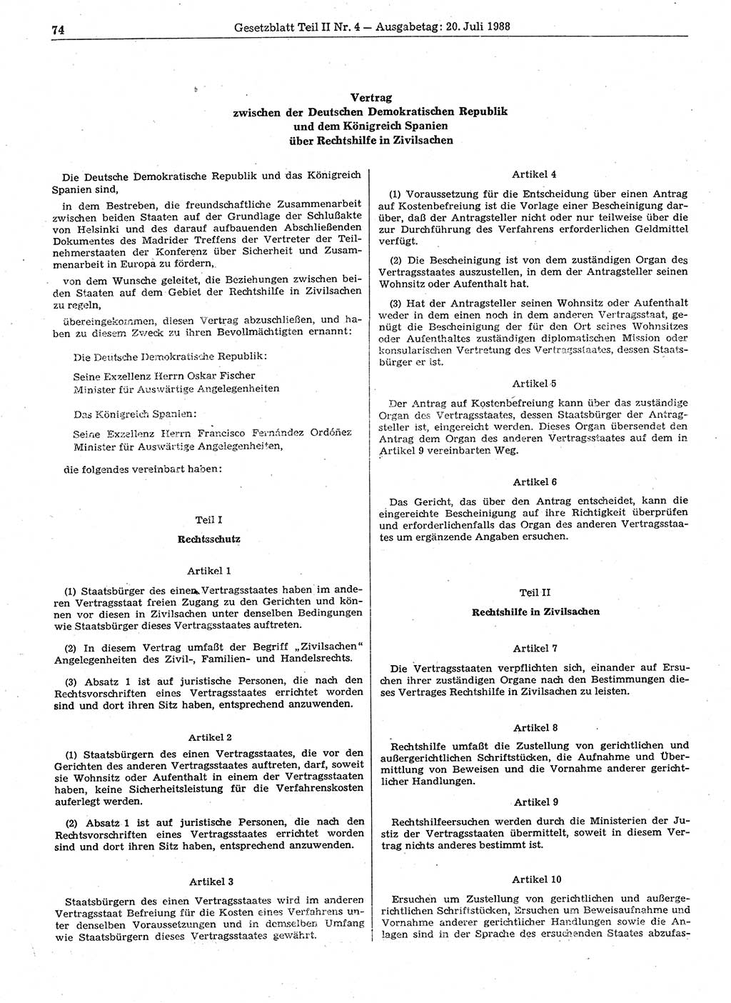 Gesetzblatt (GBl.) der Deutschen Demokratischen Republik (DDR) Teil ⅠⅠ 1988, Seite 74 (GBl. DDR ⅠⅠ 1988, S. 74)
