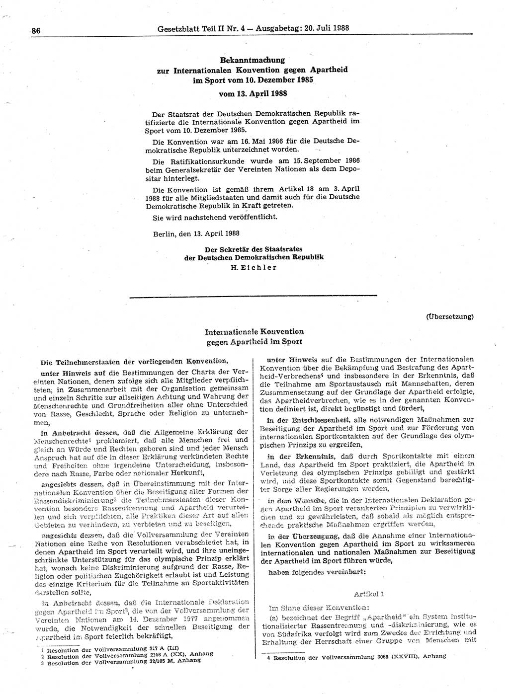 Gesetzblatt (GBl.) der Deutschen Demokratischen Republik (DDR) Teil ⅠⅠ 1988, Seite 86 (GBl. DDR ⅠⅠ 1988, S. 86)