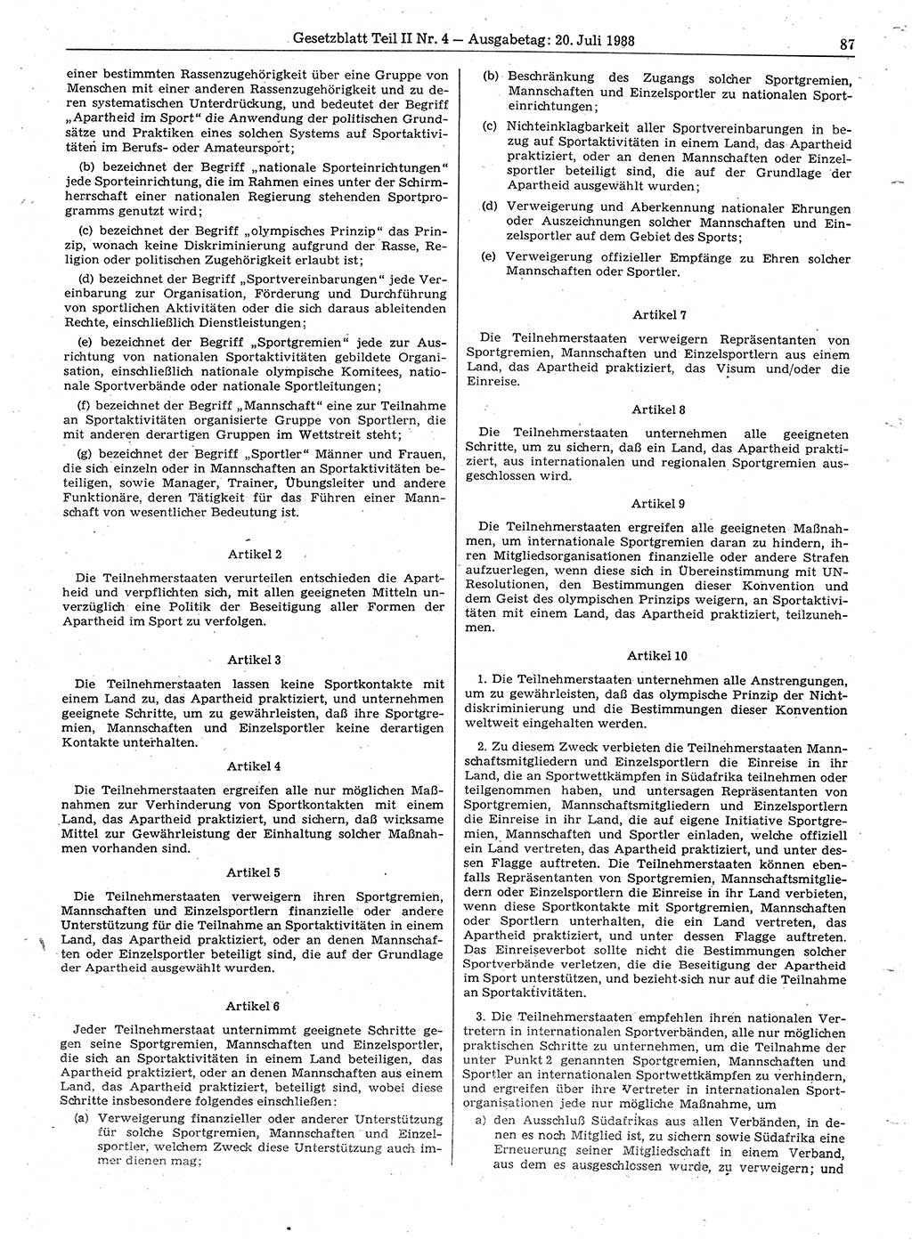 Gesetzblatt (GBl.) der Deutschen Demokratischen Republik (DDR) Teil ⅠⅠ 1988, Seite 87 (GBl. DDR ⅠⅠ 1988, S. 87)