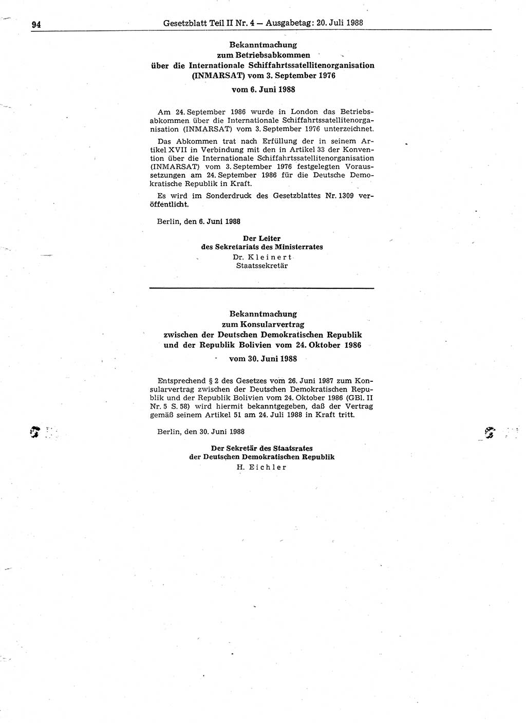 Gesetzblatt (GBl.) der Deutschen Demokratischen Republik (DDR) Teil ⅠⅠ 1988, Seite 94 (GBl. DDR ⅠⅠ 1988, S. 94)