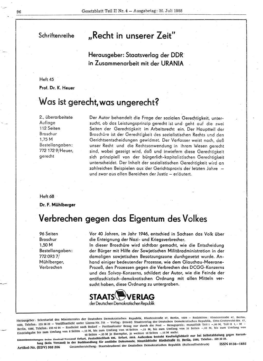 Gesetzblatt (GBl.) der Deutschen Demokratischen Republik (DDR) Teil ⅠⅠ 1988, Seite 96 (GBl. DDR ⅠⅠ 1988, S. 96)