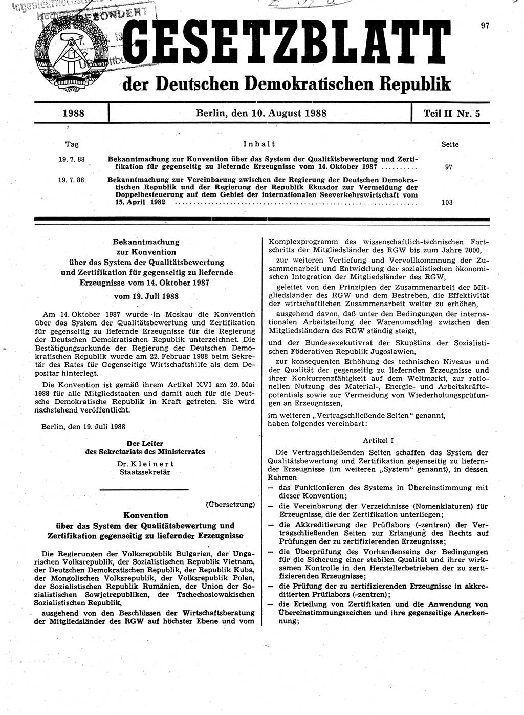 Gesetzblatt (GBl.) der Deutschen Demokratischen Republik (DDR) Teil ⅠⅠ 1988, Seite 97 (GBl. DDR ⅠⅠ 1988, S. 97)