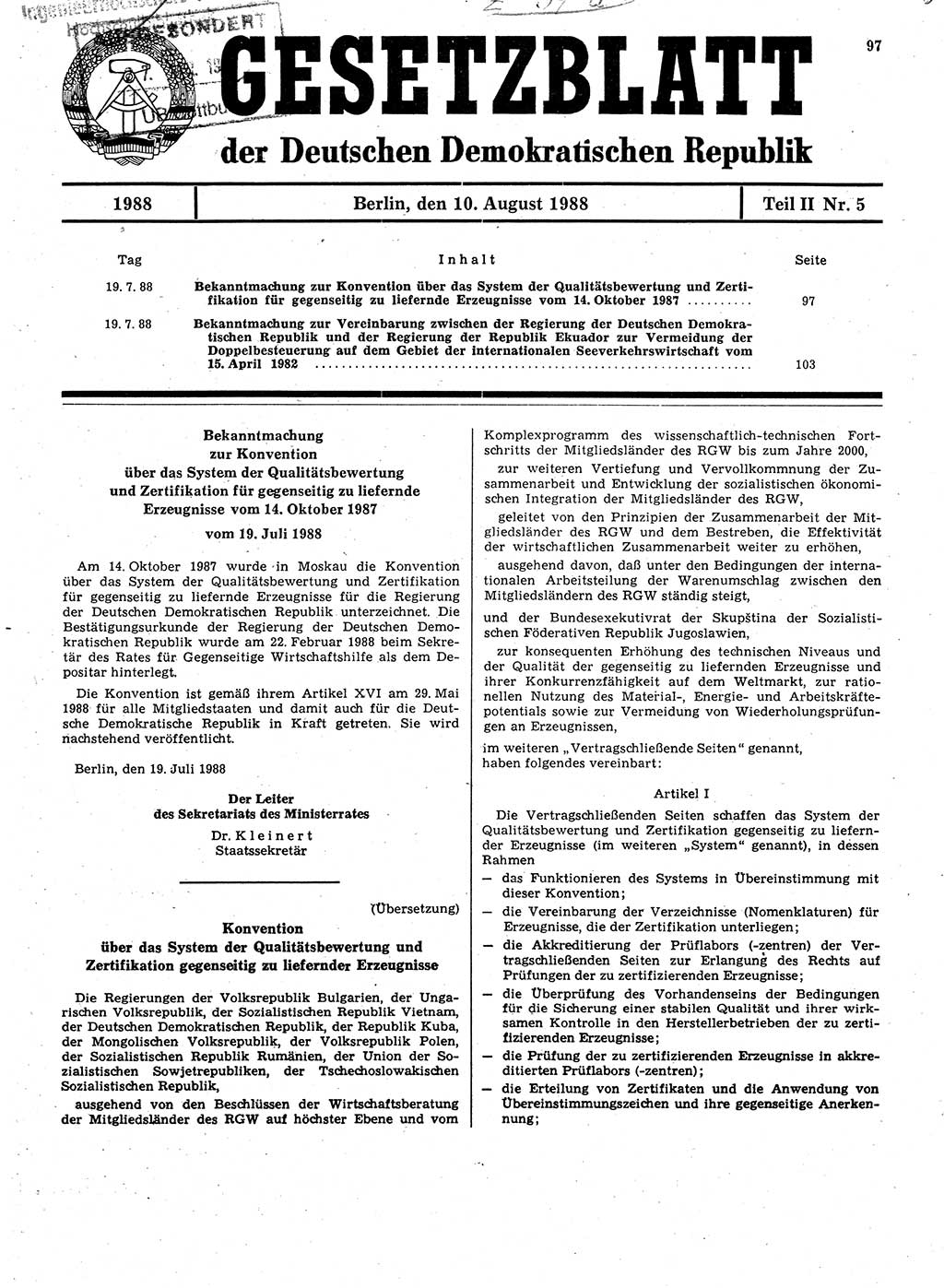 Gesetzblatt (GBl.) der Deutschen Demokratischen Republik (DDR) Teil ⅠⅠ 1988, Seite 97 (GBl. DDR ⅠⅠ 1988, S. 97)