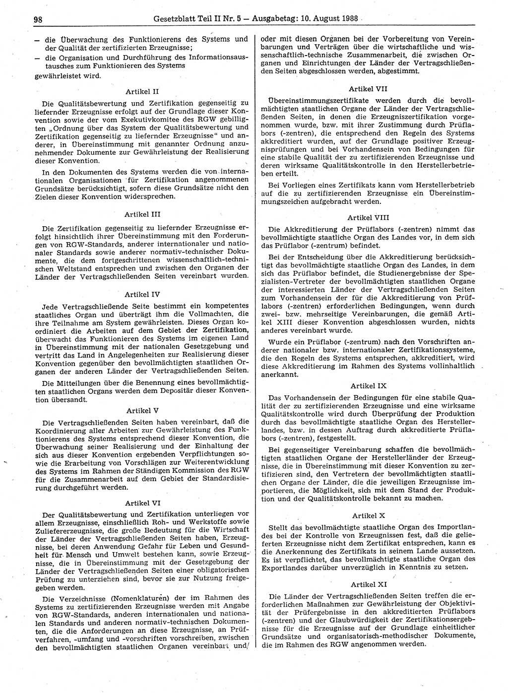 Gesetzblatt (GBl.) der Deutschen Demokratischen Republik (DDR) Teil ⅠⅠ 1988, Seite 98 (GBl. DDR ⅠⅠ 1988, S. 98)