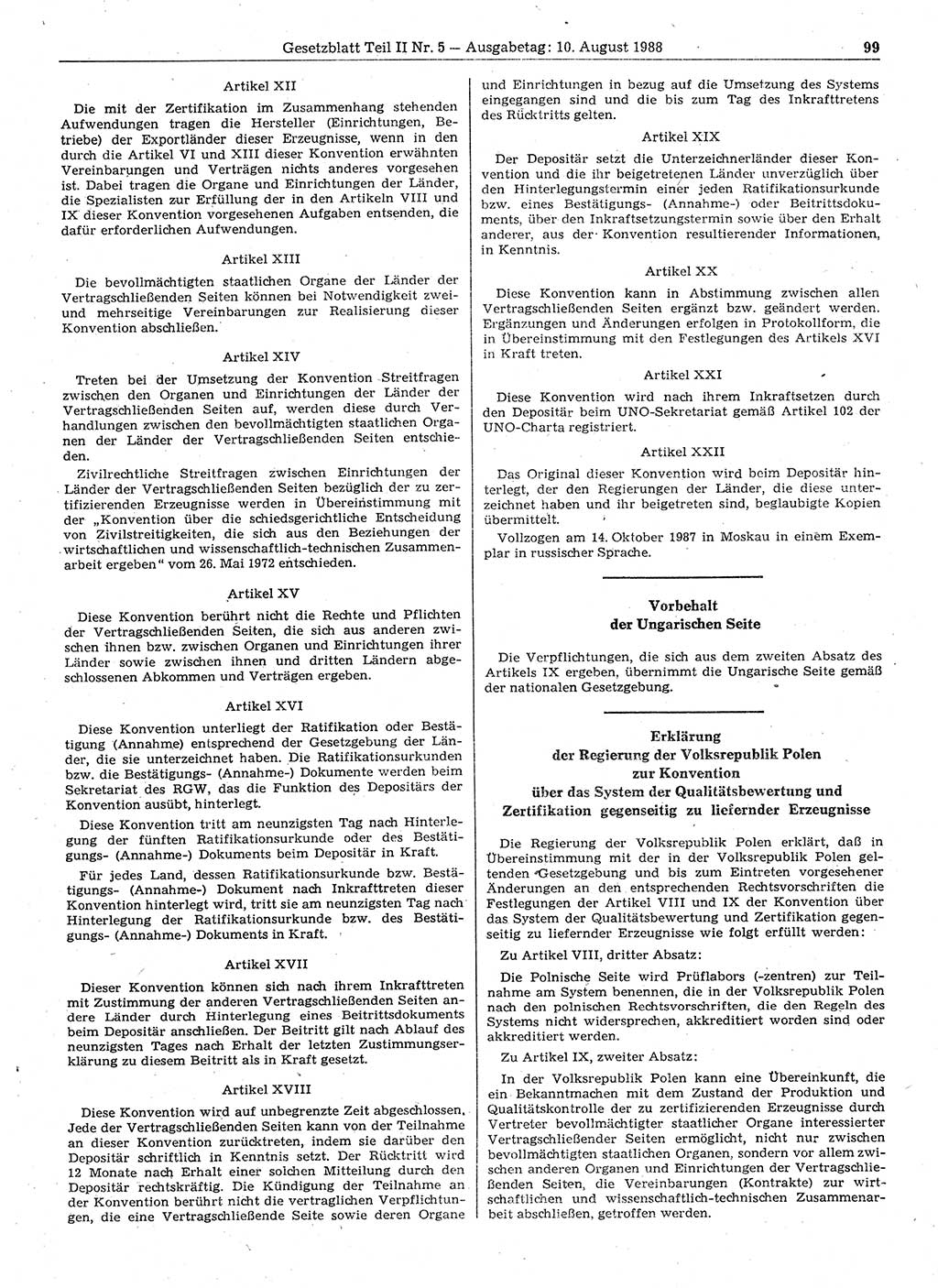 Gesetzblatt (GBl.) der Deutschen Demokratischen Republik (DDR) Teil ⅠⅠ 1988, Seite 99 (GBl. DDR ⅠⅠ 1988, S. 99)