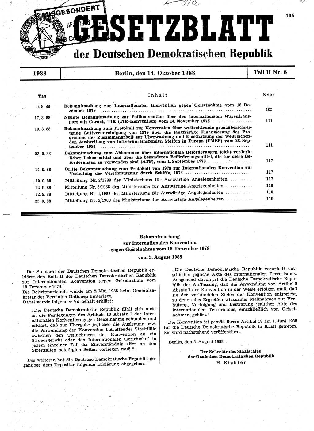 Gesetzblatt (GBl.) der Deutschen Demokratischen Republik (DDR) Teil ⅠⅠ 1988, Seite 105 (GBl. DDR ⅠⅠ 1988, S. 105)