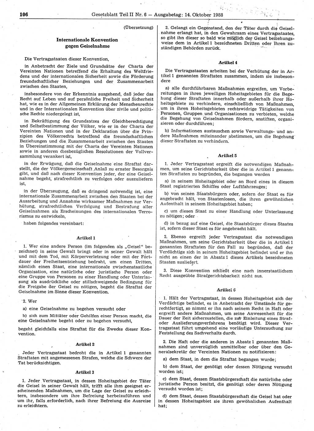 Gesetzblatt (GBl.) der Deutschen Demokratischen Republik (DDR) Teil ⅠⅠ 1988, Seite 106 (GBl. DDR ⅠⅠ 1988, S. 106)