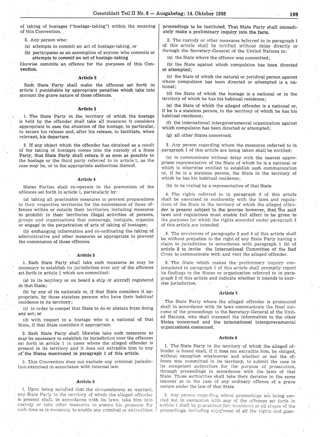 Gesetzblatt (GBl.) der Deutschen Demokratischen Republik (DDR) Teil ⅠⅠ 1988, Seite 109 (GBl. DDR ⅠⅠ 1988, S. 109)