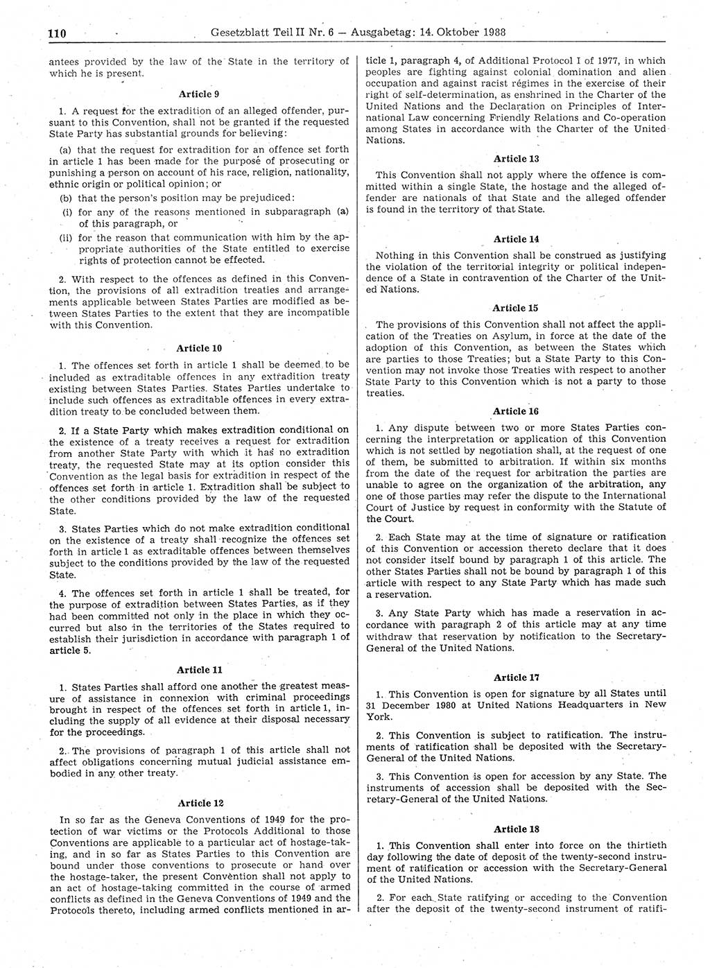 Gesetzblatt (GBl.) der Deutschen Demokratischen Republik (DDR) Teil ⅠⅠ 1988, Seite 110 (GBl. DDR ⅠⅠ 1988, S. 110)